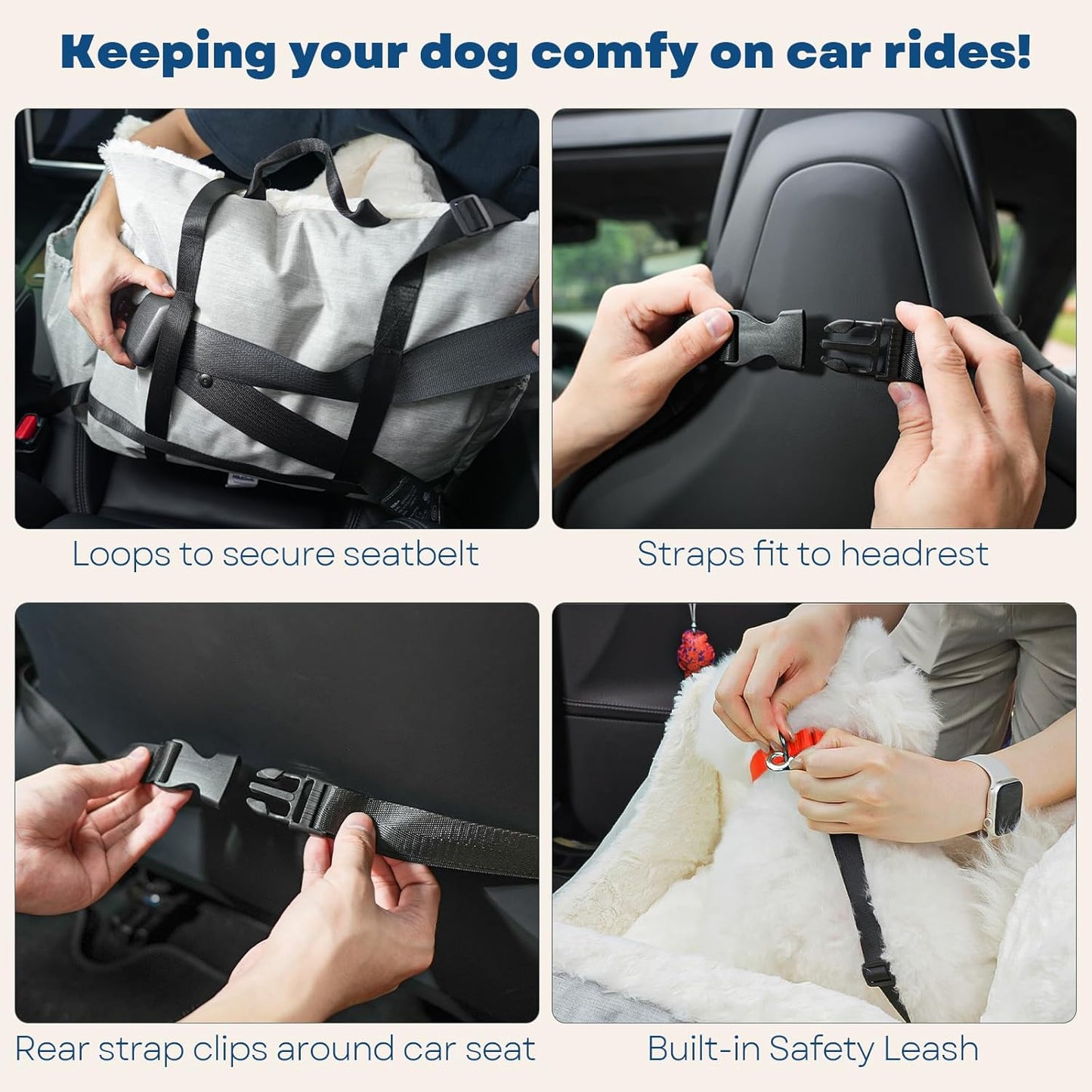Milk and Soda Small Dog Car Seat Bed for Small Dogs Under 20 LBS with 2-Sided Pillow, Side Pockets, Built-in Leash, Machine Washable Cover, Light Gray (Gray, Small)