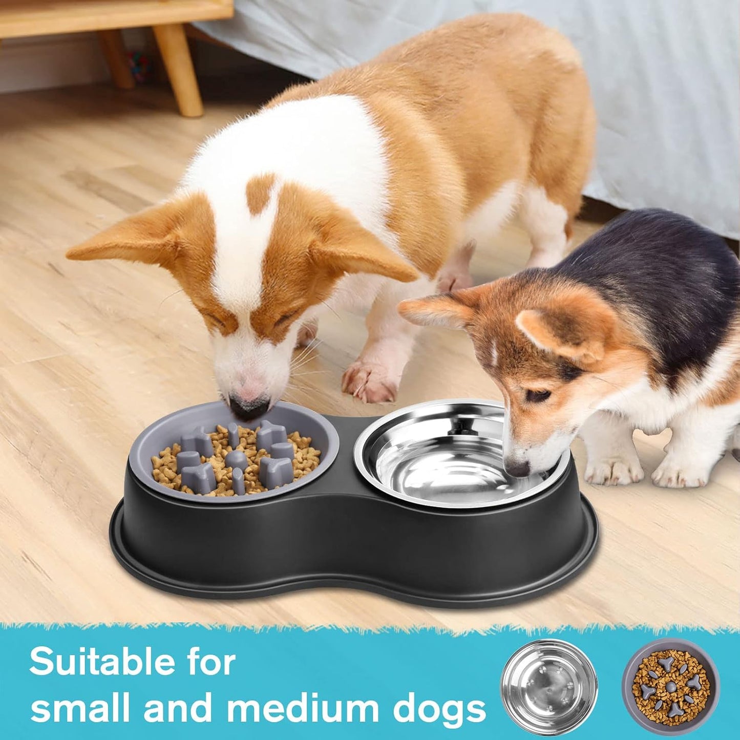 Dog Bowls Double Dog Water and Food Bowls Stainless Steel Bowls with Non-Slip Resin Station, Pet Feeder Bowls for Puppy Medium Dogs Cats