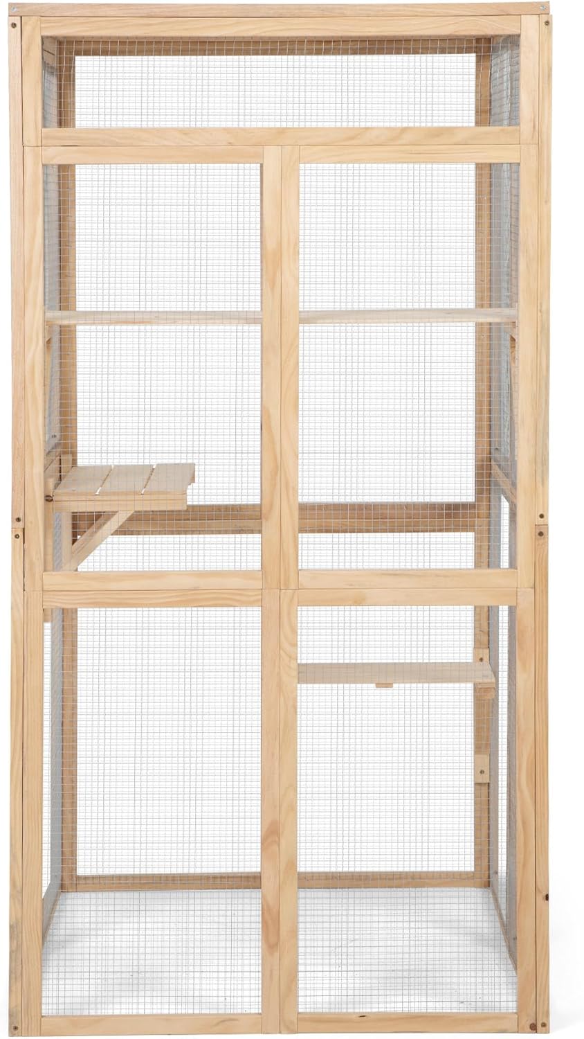 Wooden Cat Catio Outdoor Enclosure with Hammock and Platforms, Weatherproof Design, Burlywood