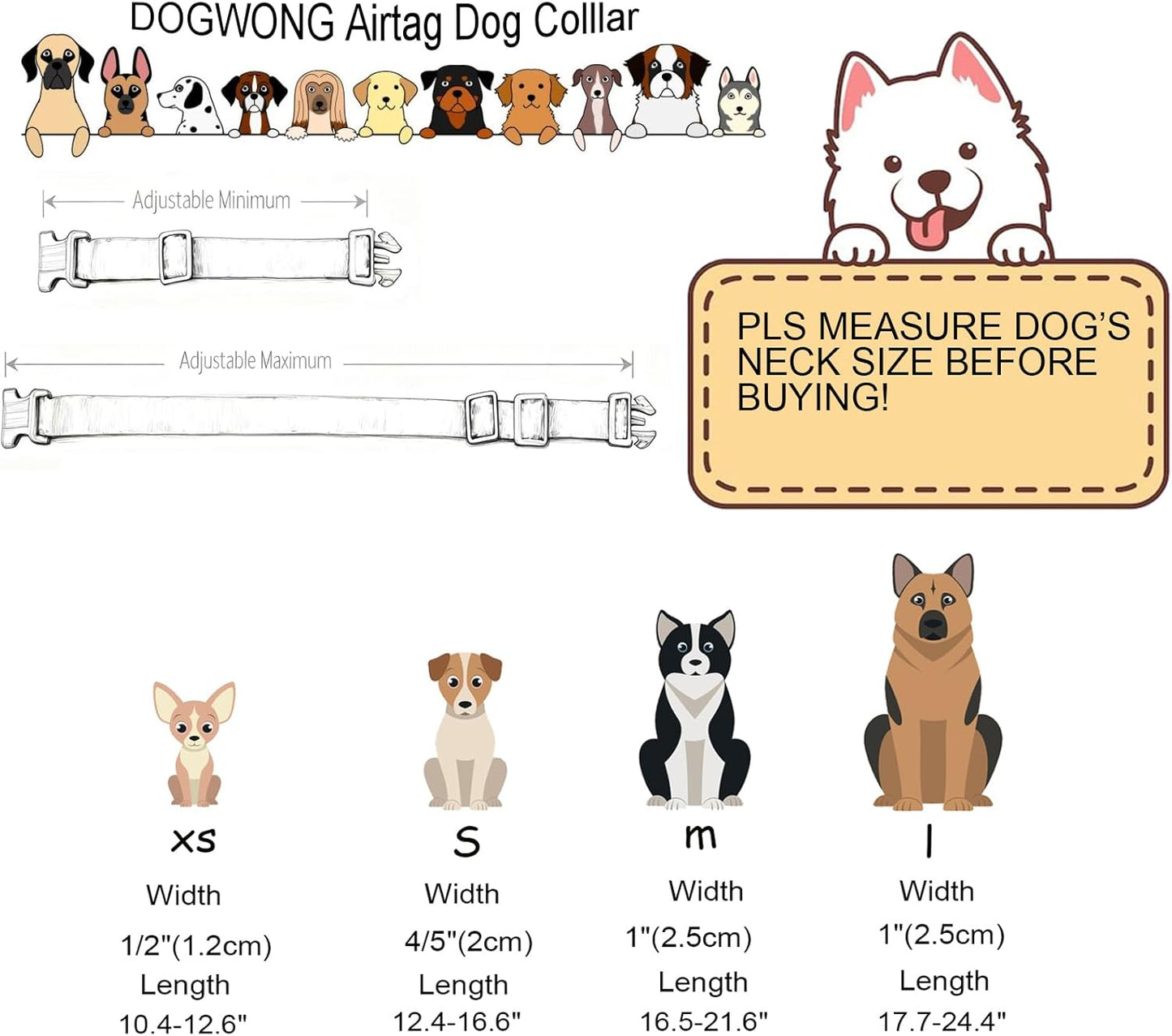 DOGWONG Airtag Cotton Hemp Dog Collar, Heavy-Duty Dog Collar with Airtag Holder White Natural Fabric Pet Cute Puppy Necklace for Small Medium Large Dogs