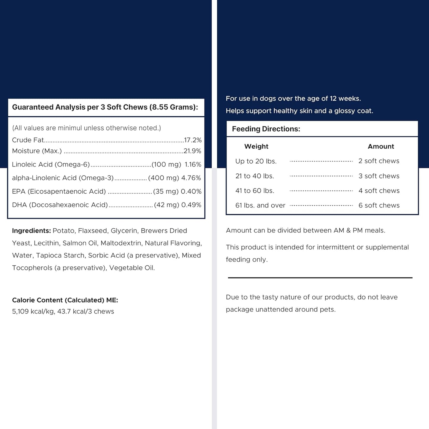 Dog Fish Oil Supplements - 180 Delicious Chew Treats - Omega 3 Rich Salmon Oil, EPA, DHA, Biotin, and Vitamin E for Healthier, Shinier, Skin, Coat and Fur, Helps Skin Allergies