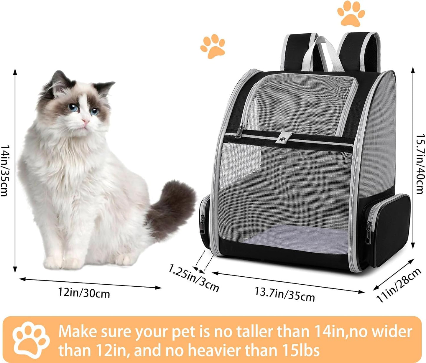 Pet Carrier Travel Cat Backpack Soft Dog Carrier for Small Dogs and Medium Cat, for Puppy Kitten Bunny up to 15lbs, Cat Carrying Backpack Collapsible (Black)