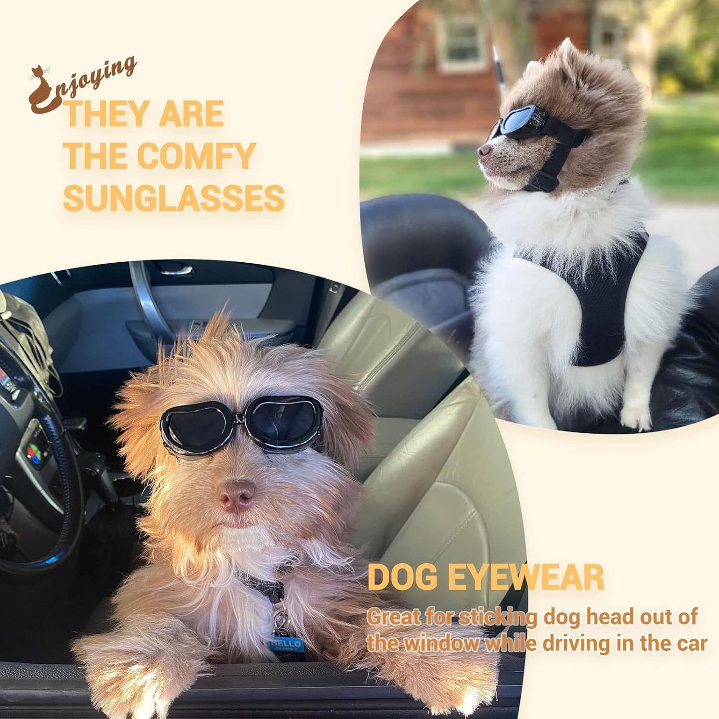 Enjoying Dog Goggles Small Breed, UV Protection Dog Sunglasses Small Breed, Driving Puppy Eye Protection, Windproof Dustproof Anti-Fog, Breathable, Adjustable Straps, Black