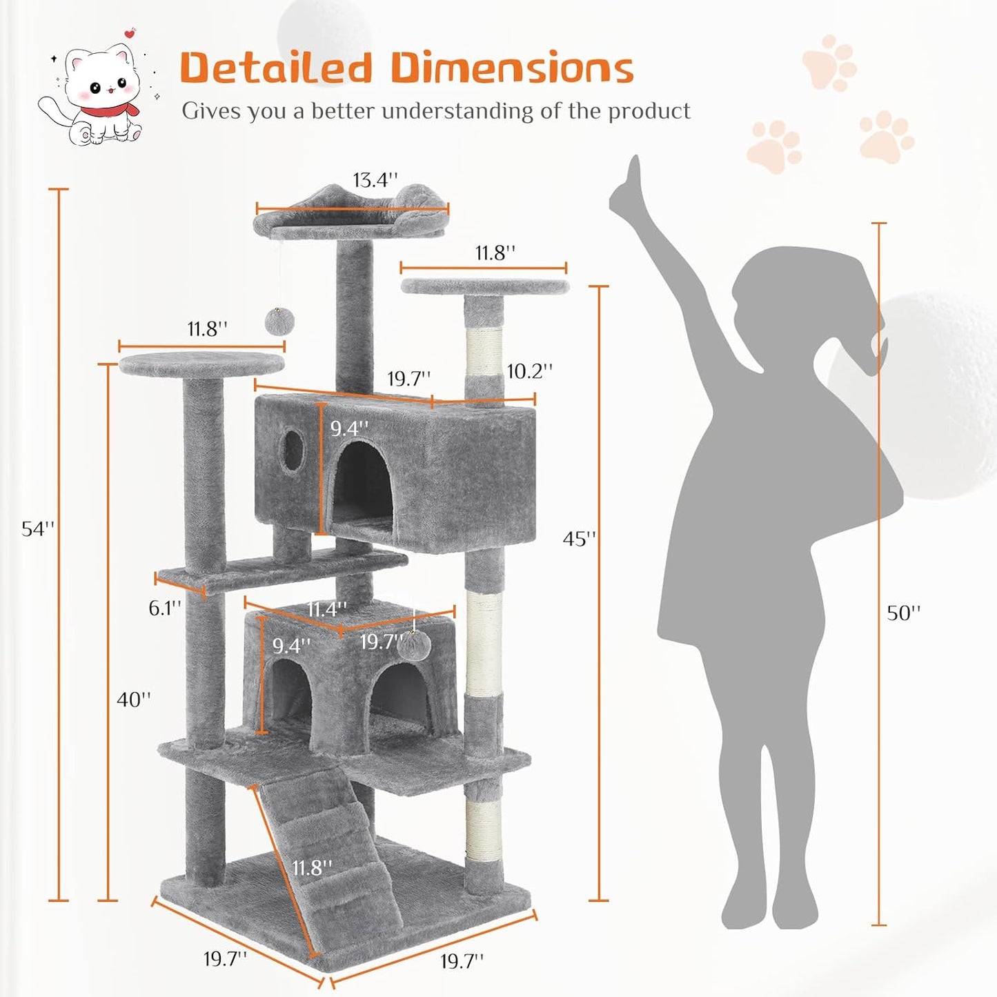 Sweetcrispy 54 Inch Cat Tree Tower, Multi-Level with Cat Scratching Post, Indoor Cat Condo with Climbing Ladder, Plush Toy, Play House for Cat, Light Grey