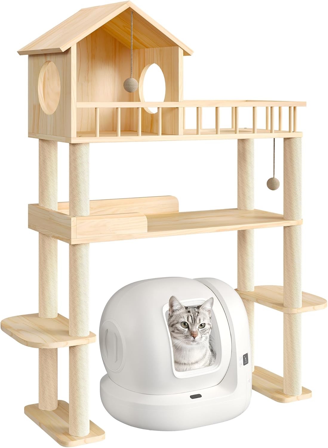 Wood Cat Tree for Automatic Litter Box, 60" Tall Cat Tower for Self Cleaning Litter Box, Cats Tree for Indoor Cats Large Adult, Multi-Level Solid Wood Cat Furniture w/Scratching Post, House