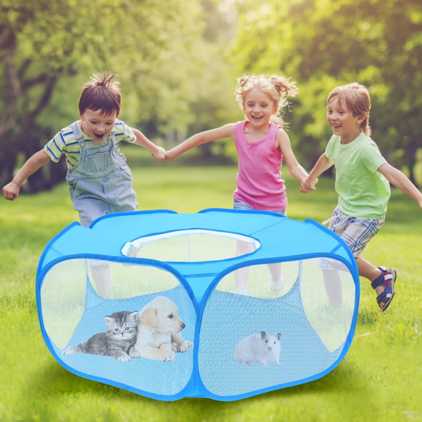 Small Animal Playpens with Top Cover, Foldable Breathable Small Pets Cage Tent Outdoor Indoor Portable Play Pen for Guinea Pig Hedgehog Hamster Cat Rabbit Bunny Puppy Ferret Rat Chicks (Blue)