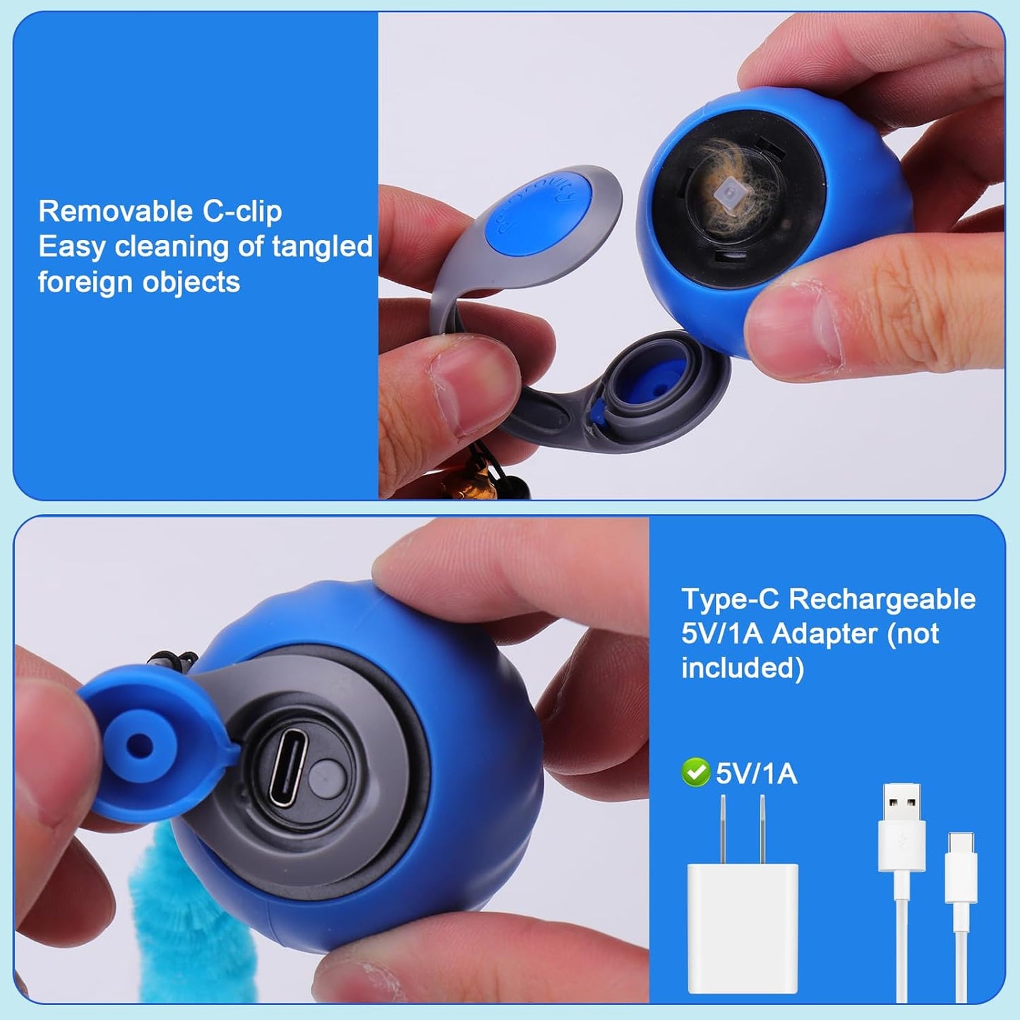 BABORUI Interactive Cat Toy Ball - Automatic Interactive Cat Toys for Indoor Cats with 3 Tails, 2 Speeds Rechargeable Cat Enrichment Toys for Small/Medium/Large Cats to Keep Them Busy(Blue)