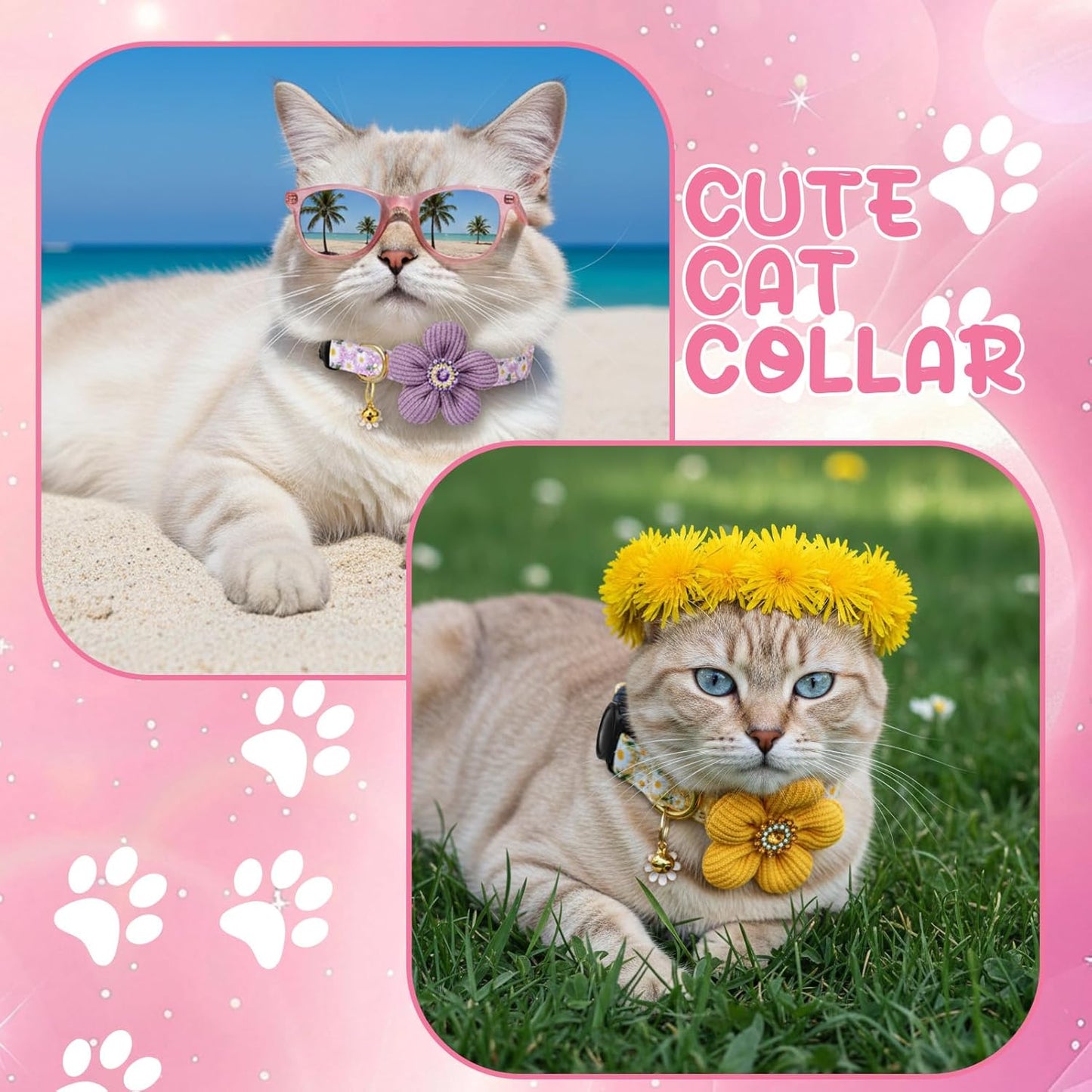 4 Pack Breakaway Cat Collars with Bells Flower Pendants Adjustable Floral Cat Collars with Bowtie Safety Kitten Collar for Girl Boy Cats