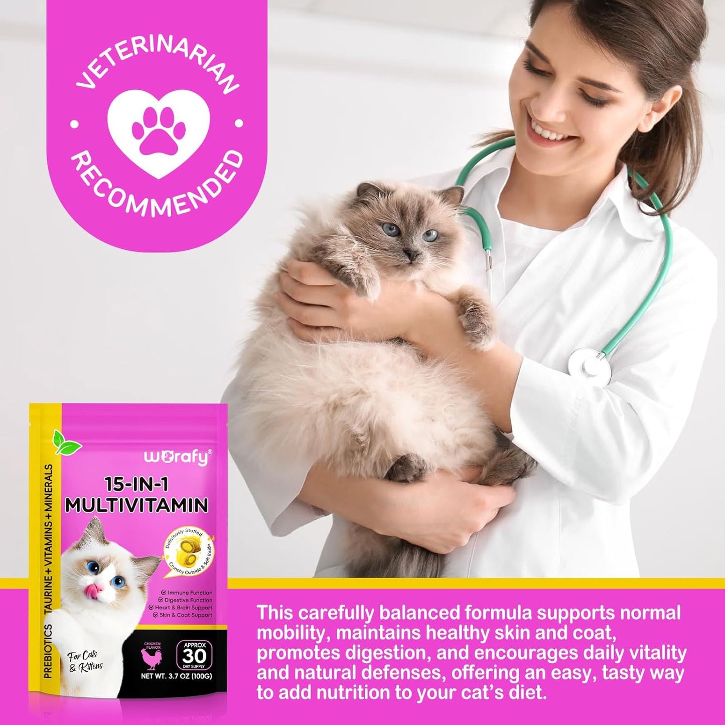 Cat Vitamins Chews, 15 in 1 Cat Multivitamin Treats for Health, Immune, Joint Support, Skin & Coat, & Digestion, Vitamins with Taurine, Omega-3s & Probiotics, Chicken (30 Day Supply)