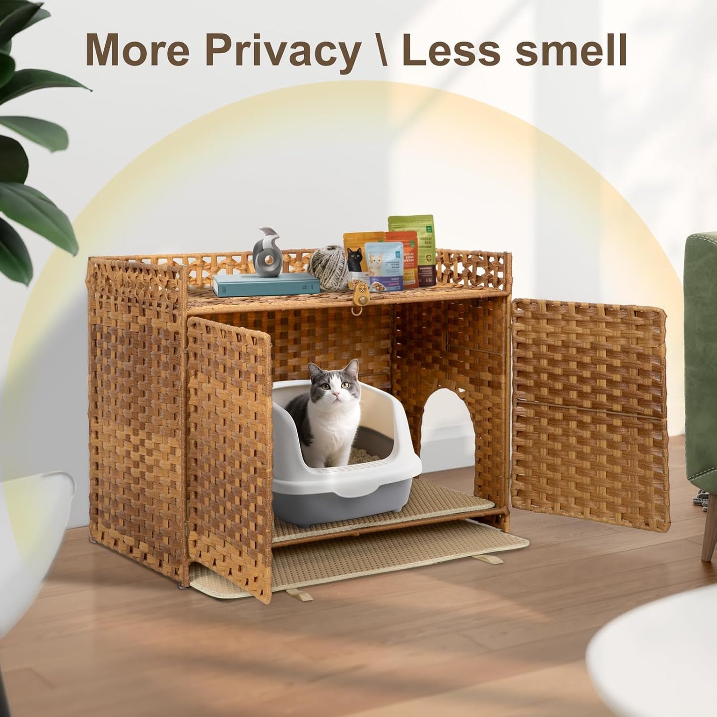 Hidden Cat Litter Box Enclosure Furniture - Handwoven Rattan Pet House with Removable Mat, Elevated Metal Feet, Large 30.3x18.2x24.5 Inches for Modern Design Indoor Living