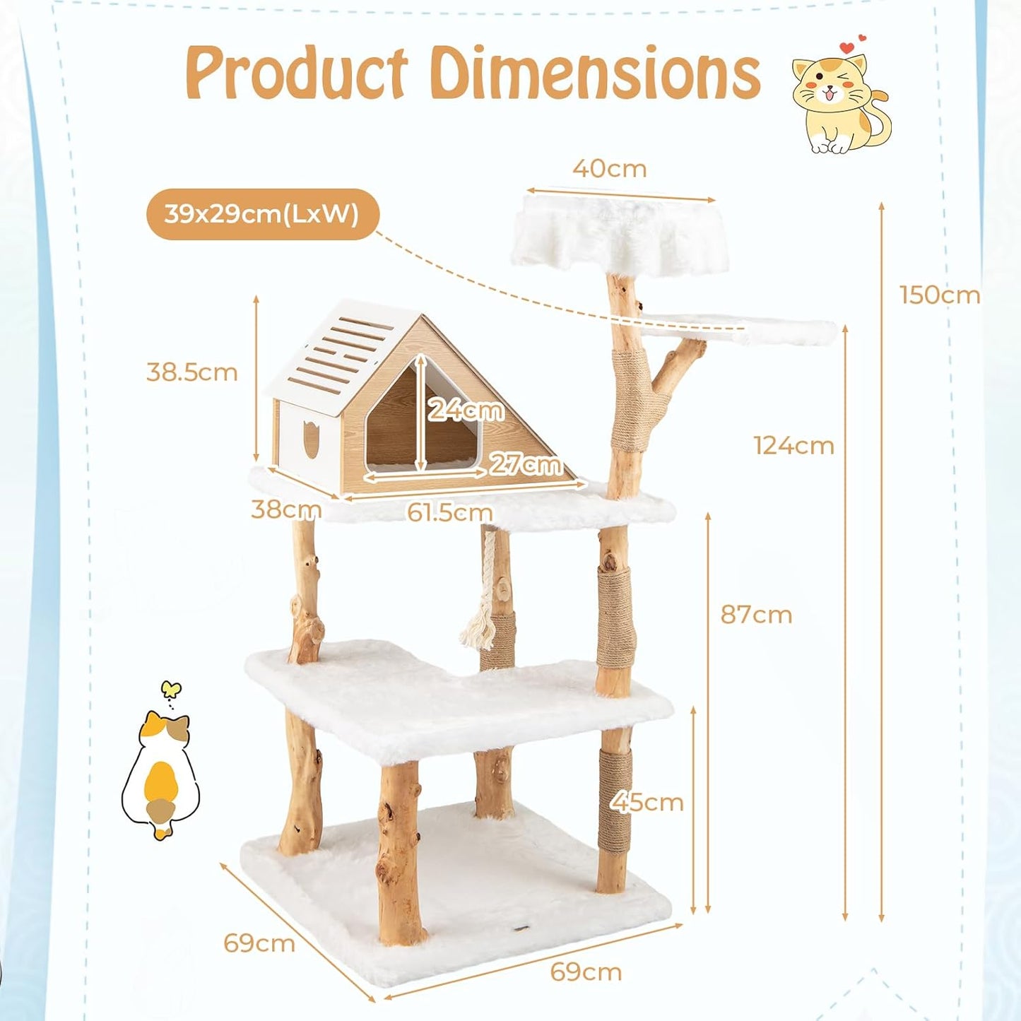 PETSITE 60 inch Solid Wood Cat Tree Tower, Multi-Level Wooden Cat Tower with Jute Scratching Posts, Cat Condo, Sisal Rope, Soft Long Plush, Modern Tall Cat Tree for Indoor Cats Large Adult