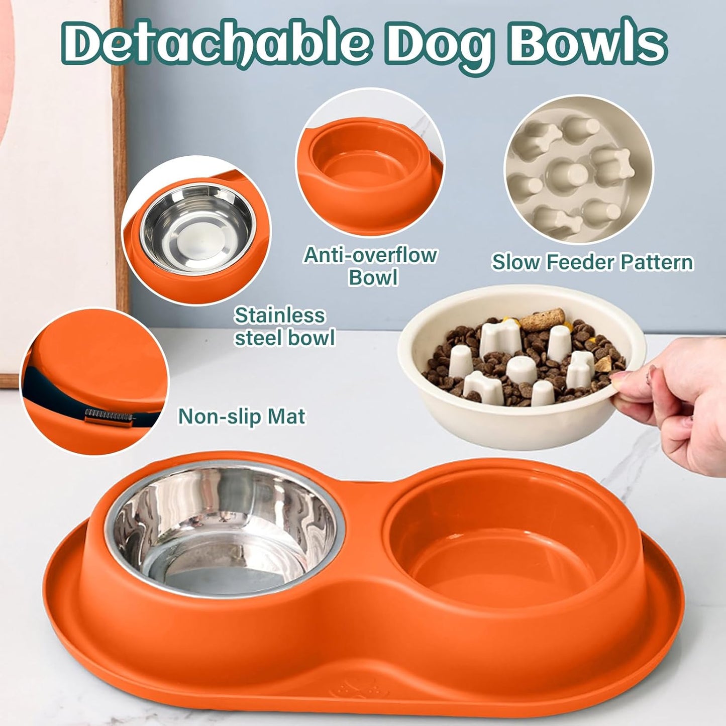 3-in-1 Slow Feeder Dog Bowl Set, Pick Any Color with Non-Slip Mat & Stainless Steel Bowls to Slow Eating for Dogs & Cats(Orange).