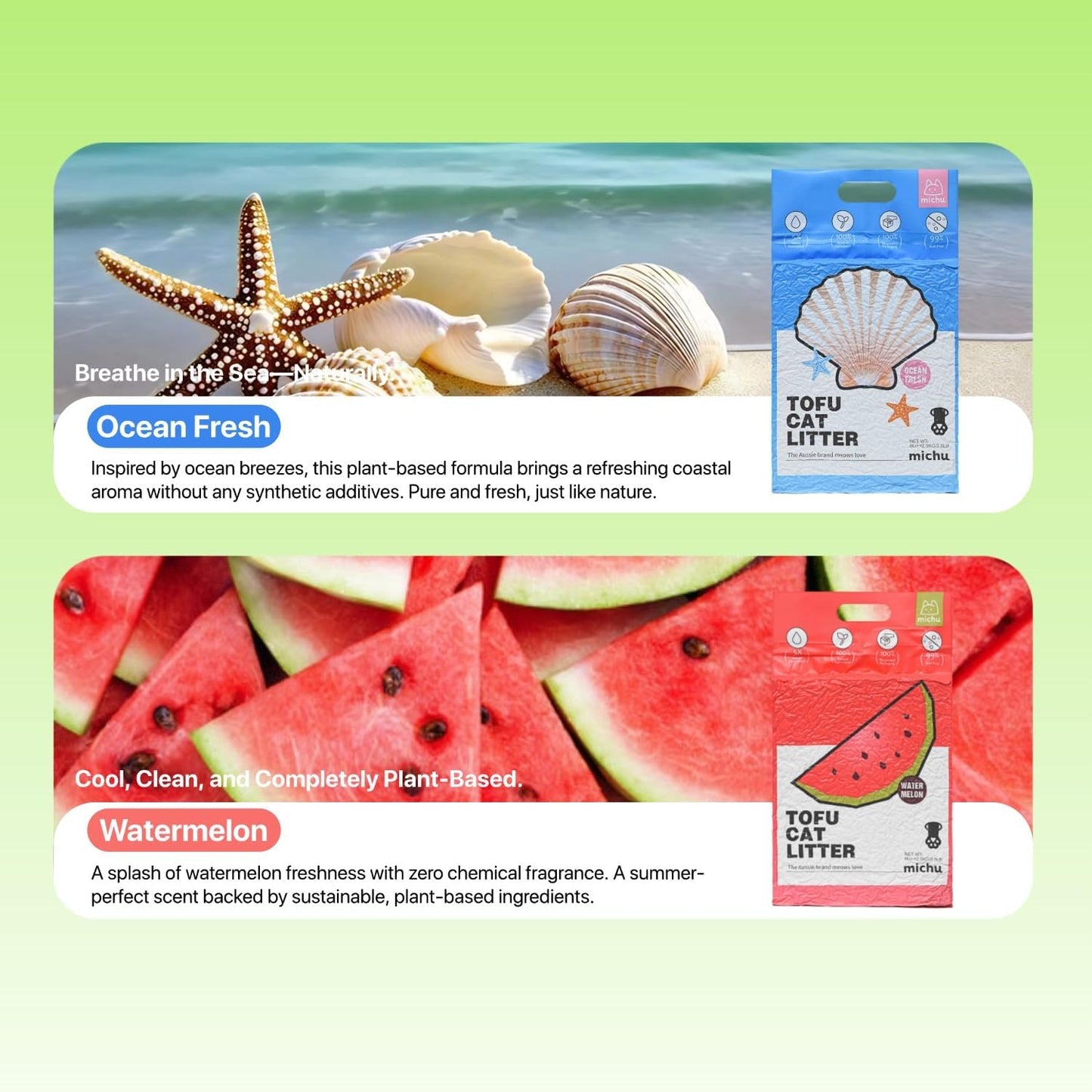 Michu Tofu Cat Litter Natural Clumping Tofu Cat Litter, Fast Clumping and Easily Scoop-able 5.5lb/88oz 5 Scents - Rainbow Combo, 6 Pack