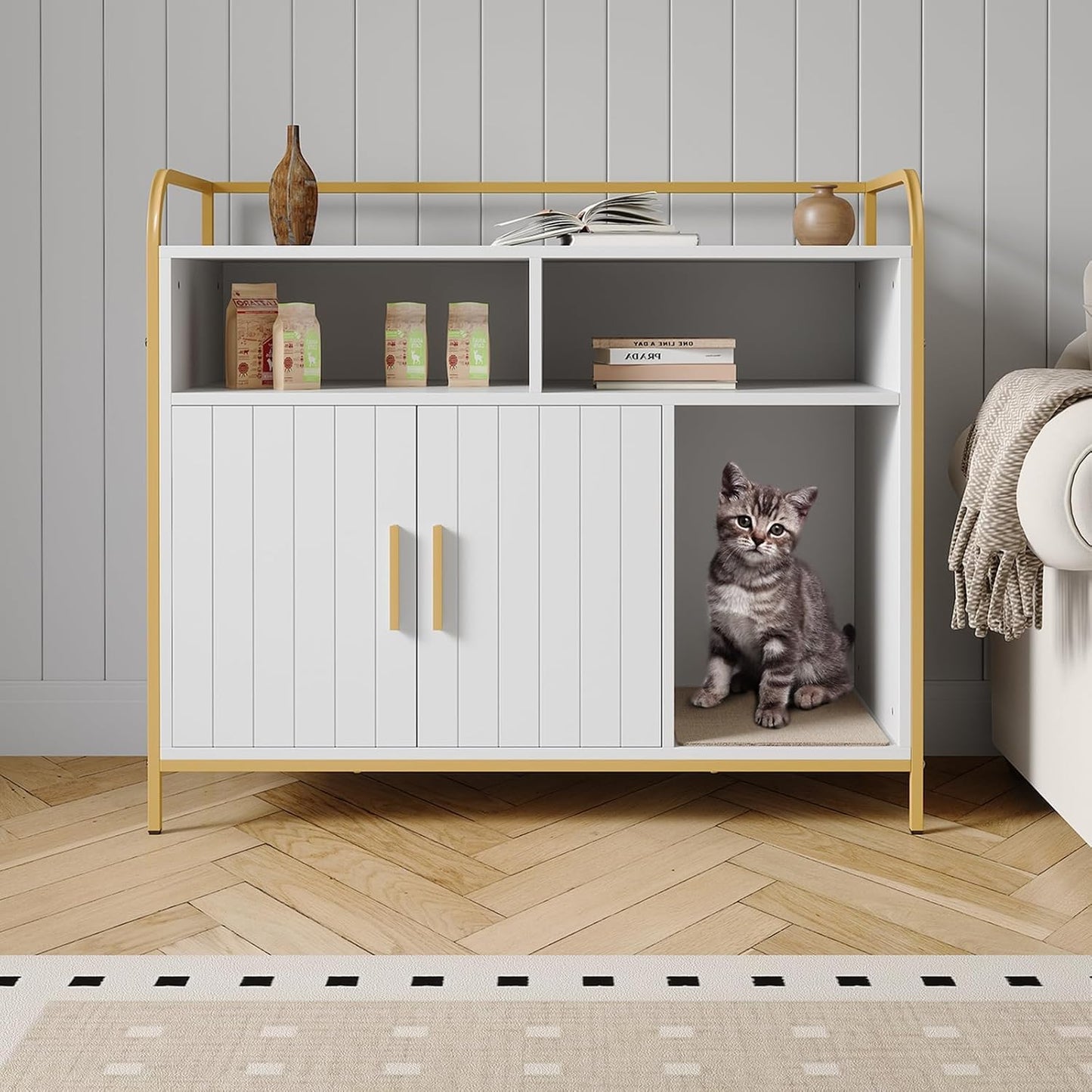 Modern Cat Litter Box Enclosure Side Table with Metal Frame, Hidden Litter Cabinet & Dual Storage Shelves, Indoor Cat House Furniture for Living Room & Bedroom, White