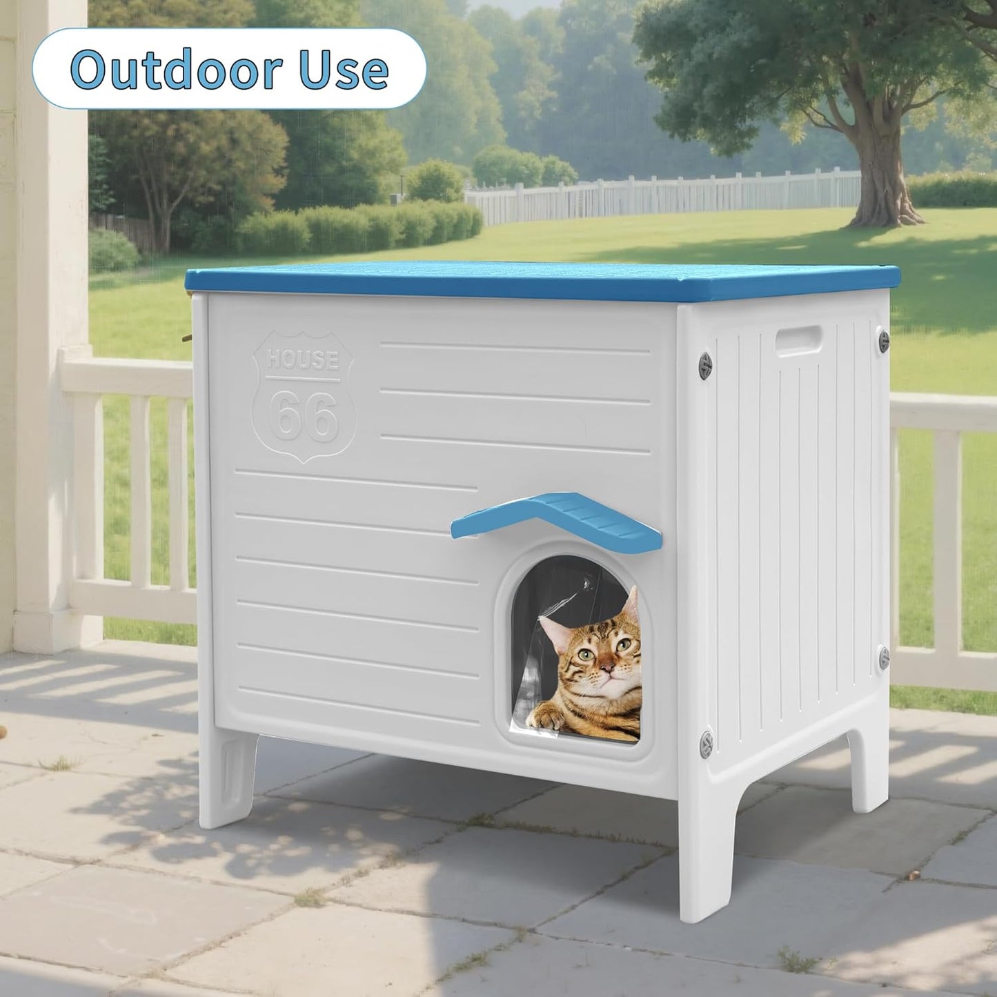 Rockever Plastic Outdoor Cat House, Waterproof Cat House for Outdoor Cats with Escape Door, Sturdy Feral Cat House Outdoor Indoor, Spacious and Clean Easily (Blue,M)