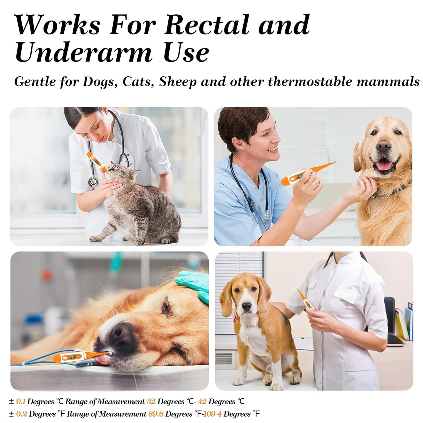 Digital Pet Thermometer for Accurate Fever Detection, Suitable for Cats/Dogs/Horse/Veterinarian, Waterproof Pet Thermometer, Fast and Accurate Measurements in 20 Seconds (Orange)