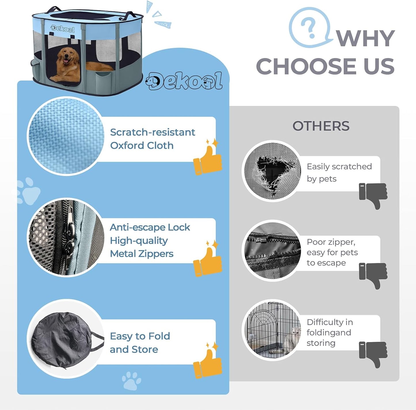 Foldable Dog Cat Playpen, Portable Dog Crate for Puppies, Cat, Puppy Play Pen for Indoors, Kennel Tent Crate for Indoor Outdoor Travel Camping Use with Carrying Case (Blue, M)