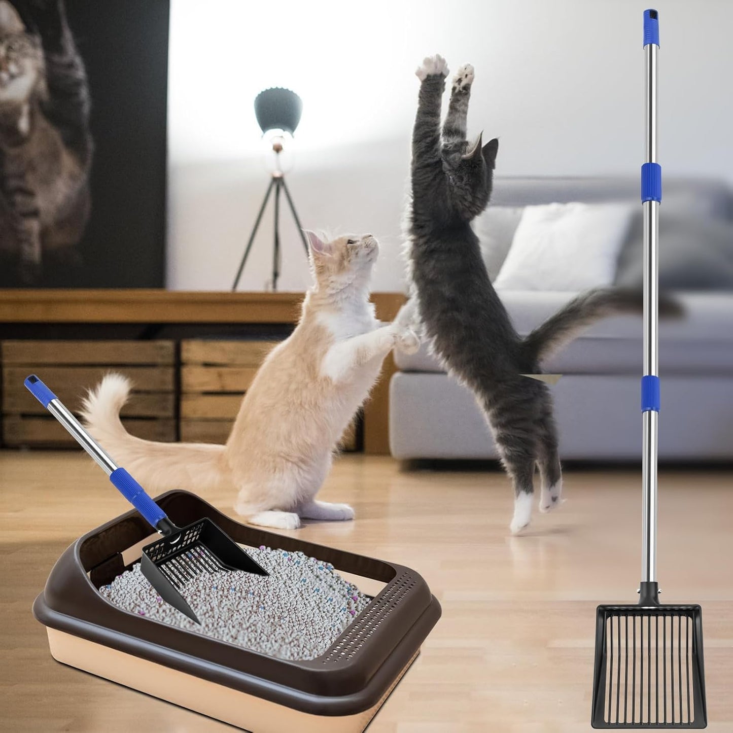 JAMIEWIN Extendable Metal Cat Litter Scoop, Long Handle Litter Sifting Shovel, 21"-39.5" No Bending Back Cat Scooper for Litter Box Heavy Duty Pet Poop Shovel Chicken Poop Scooper