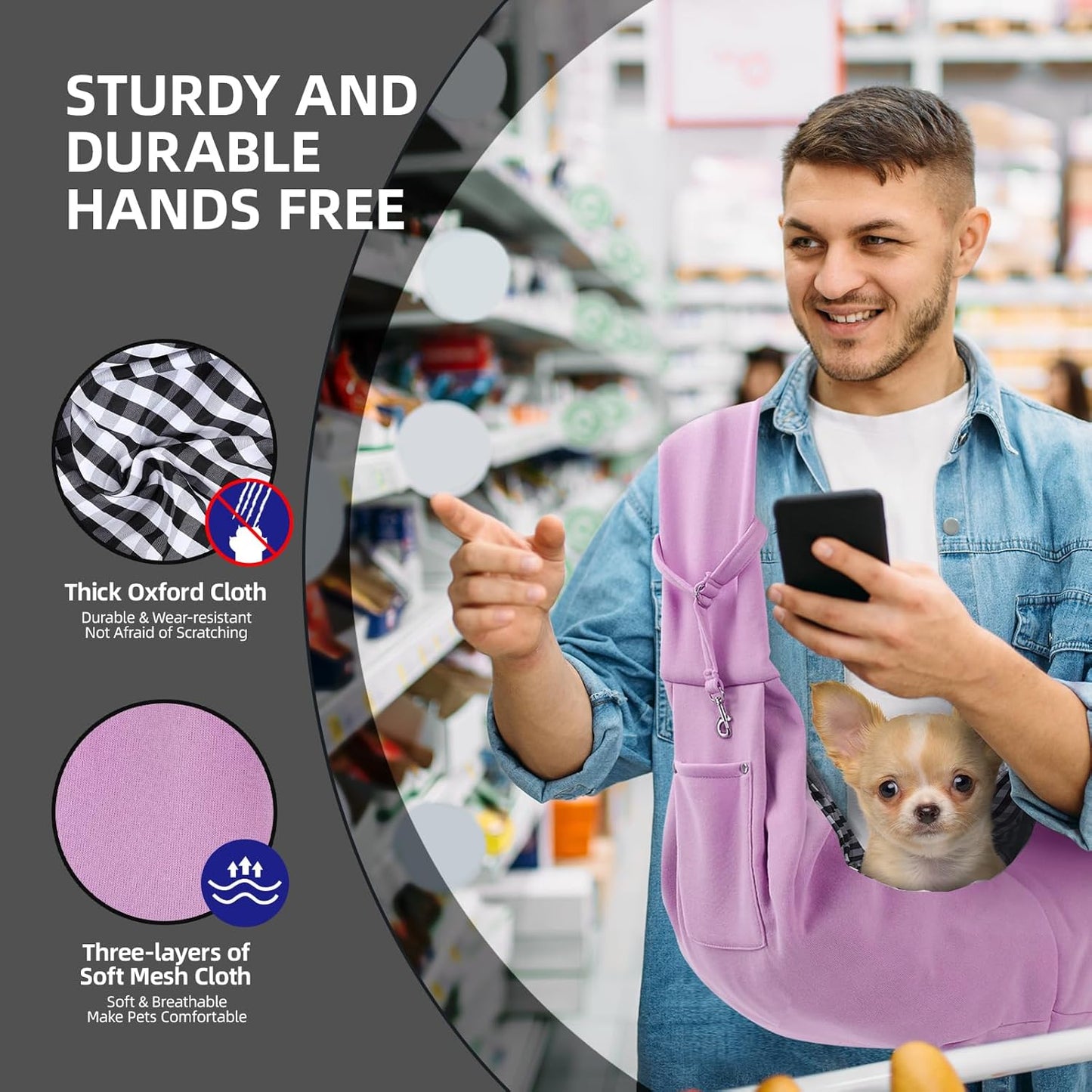 Dog Carrier Sling - Reversible Puppy Carrier Purse with Storage Pocket, Hand-Free Dog Sling Carrier for Carry Small Dogs and Cats, Travel Safety Harness, Dog and Cat Harness (Purple)