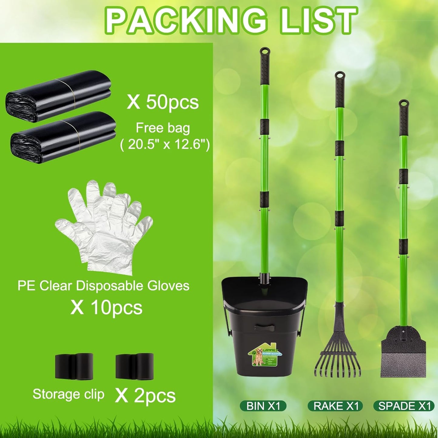 LANNEY Pooper Scooper - 38" Long Adjustable Metal Handle Dog Pooper Scooper Swivel Bin & Rake & Spade with 50 Bags Attachment, Portable Heavy Duty Dog Poop Scooper for Yard Dogs Large Medium Small