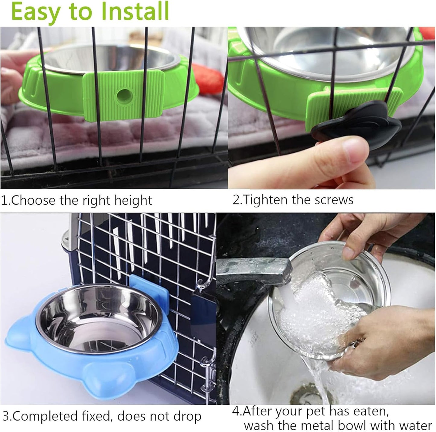 Hamiledyi Crate Dog Bowl 2 PCS Cat Removable Water Food Feeder Bowls with Bolt Holder Stainless Steel Hanging Suitable for Small Pet Dog Cat Bird (Blue+Green)