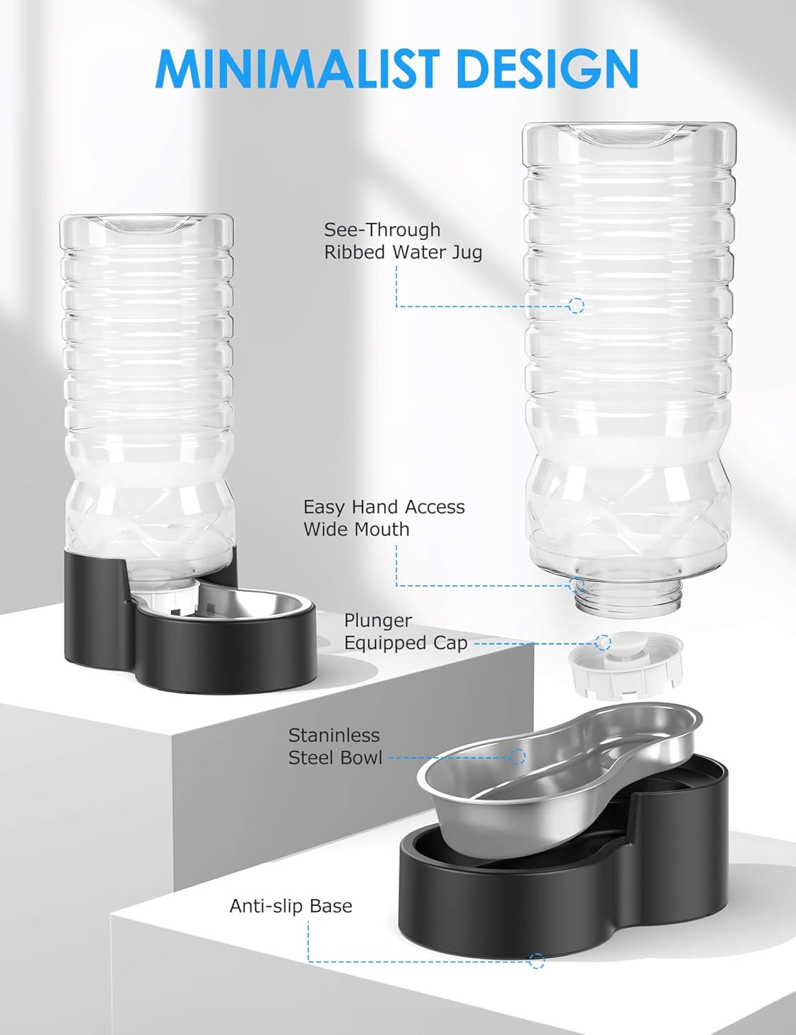 2.5 Gallon Automatic Dog Water Dispenser【Wide Mouth for Easy Hand-in Cleaning】【Removable Stainless Steel Bowl】, Gravity Refilling Large Capacity for Cats and Dogs, Multi-Pet Homes