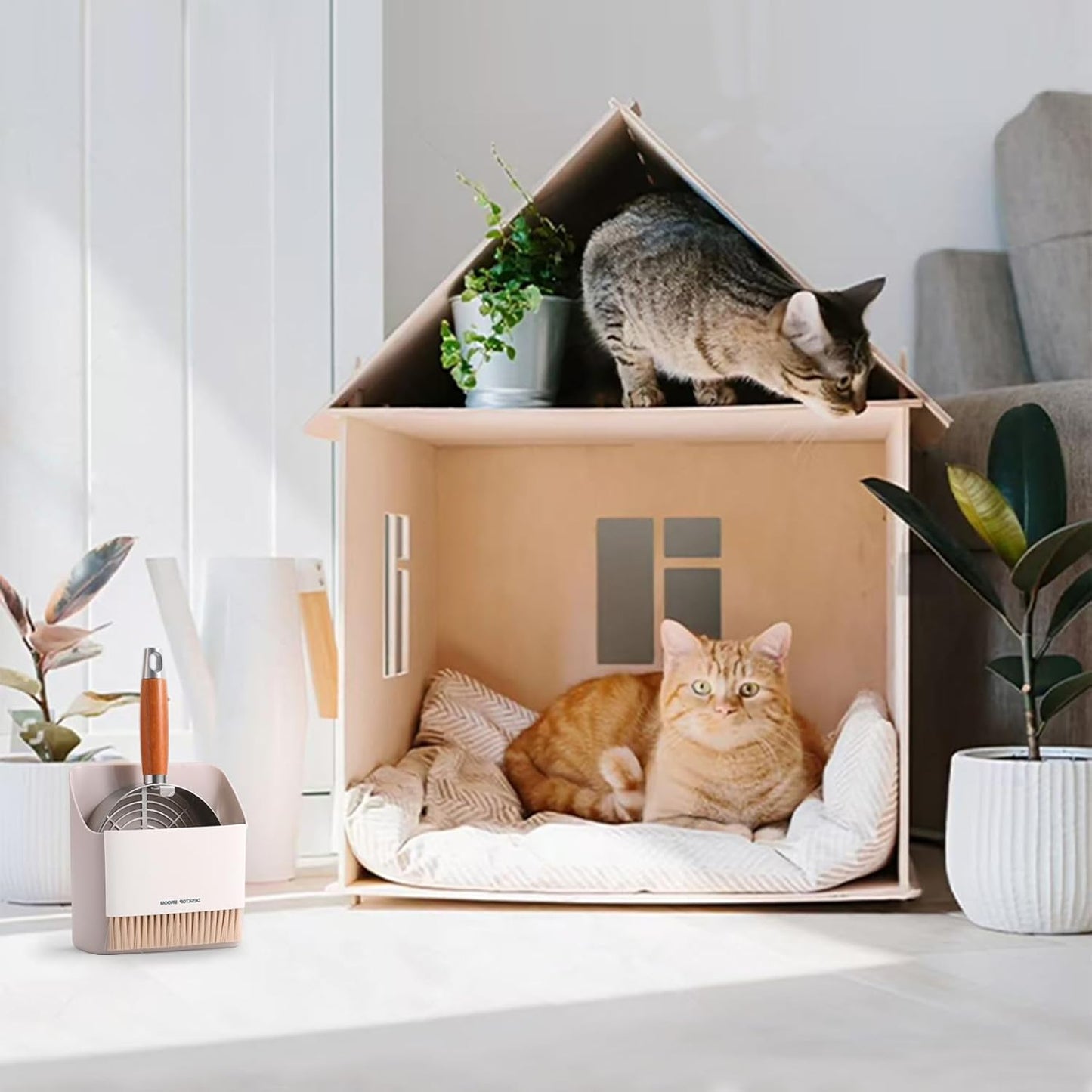 Custom 40% Thicker Side Edges 304 Stainless Steel Metal Cat Litter Scoop with Holder Stand Small Broom & Dustpan - Durable, Anti-Break Handle