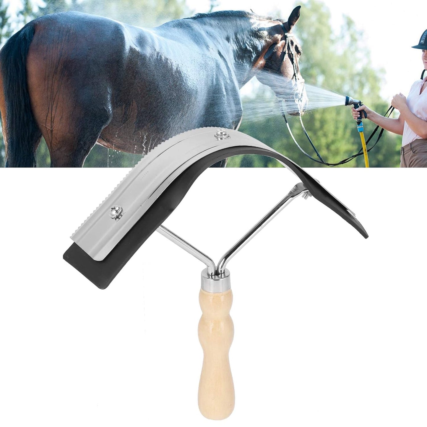 Horse Sweat Scraper With Wood Handle Non Slip Horse Cleaning Grooming Tool For Efficient Farm Animal Care And Durable Stainless Steel Rubber Edge Design