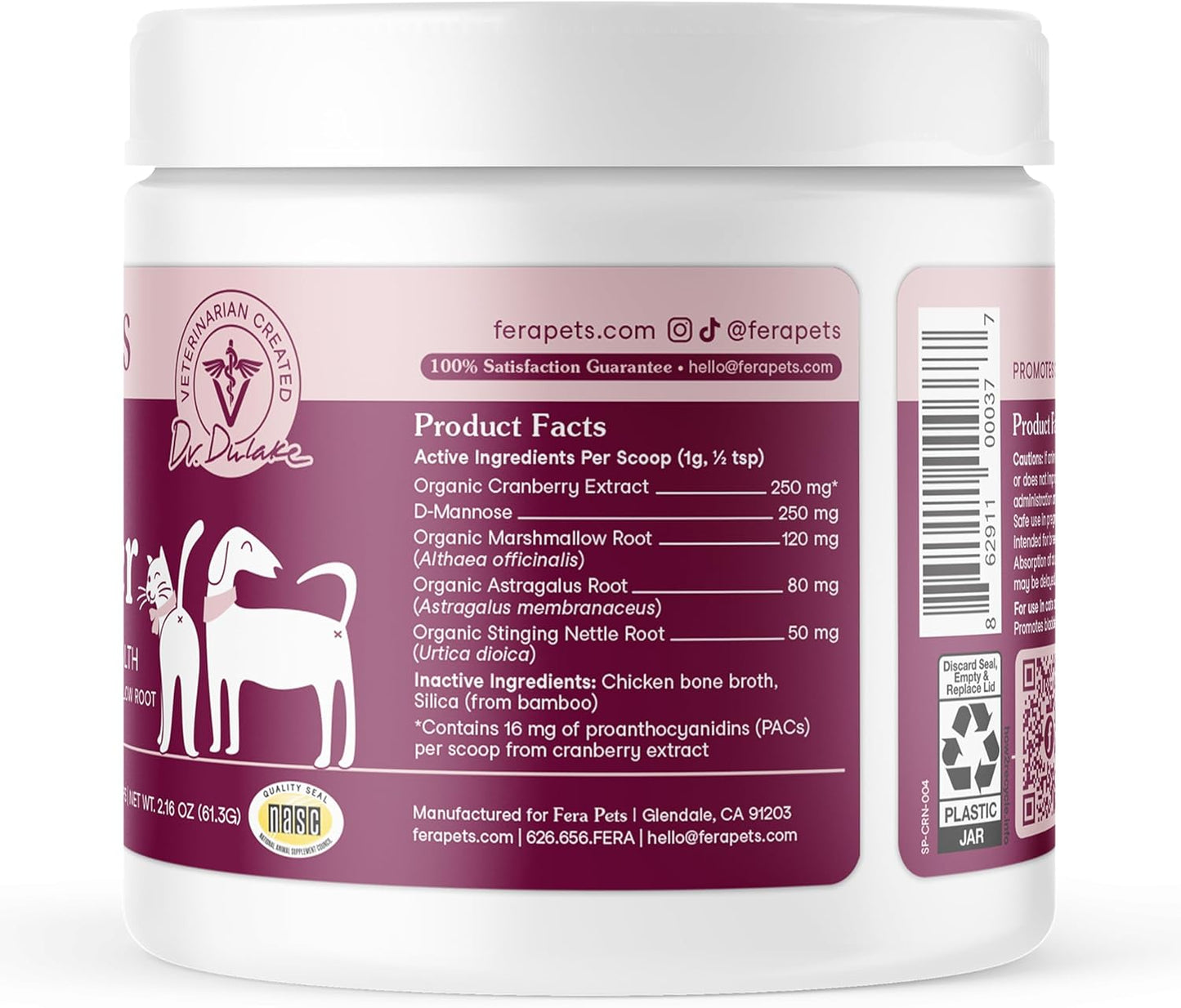 Fera Pets Bladder Support - Cranberry for Dogs & Cats - D-Mannose & Marshmallow Root - Urinary Tract Support - Supports Normal Urine pH - Boosts Immunity - 60 Scoops