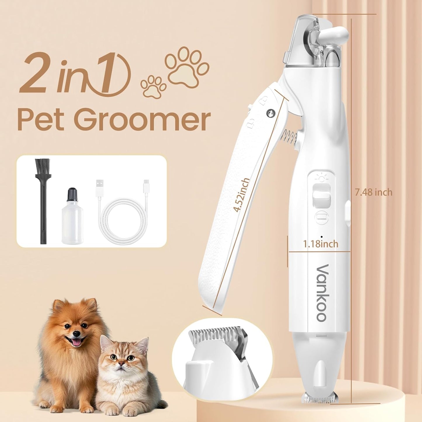 2 in 1 Dog & Cat Nail Clippers & Trimmers with LED Lights, Splash Guard - Pet Hair Trimmer for Around Paws, Ear, Eye,Face, Rump Rechargeable & IPX7 Waterproof Grooming Supplies for Dog, Cat
