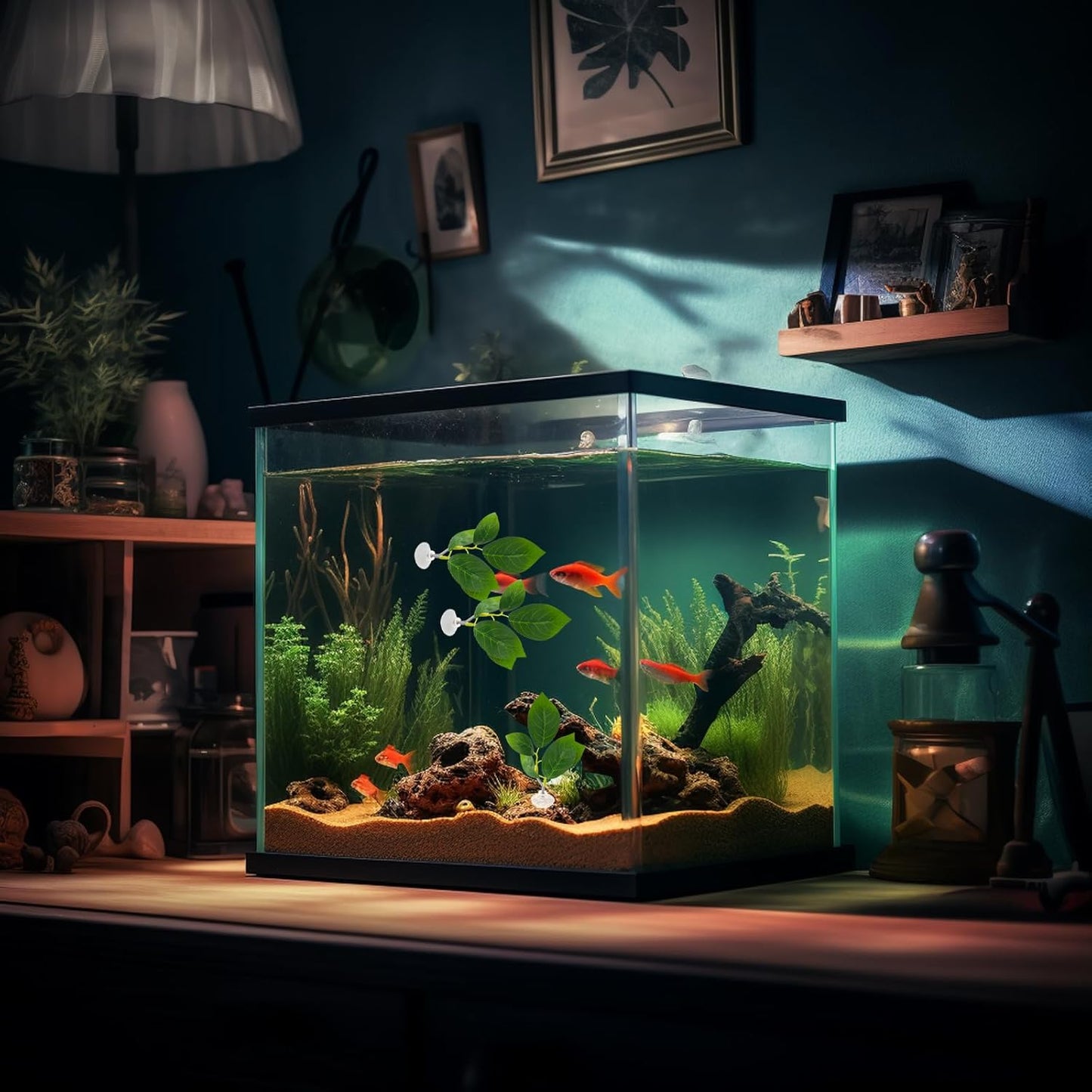 4 Pcs Betta Fish Leaf Pads with Suction Cups Adjustable Aquarium Tank Accessories Plastic Simulated Plants for Betta Resting Breeding Spawning and Playing Décor