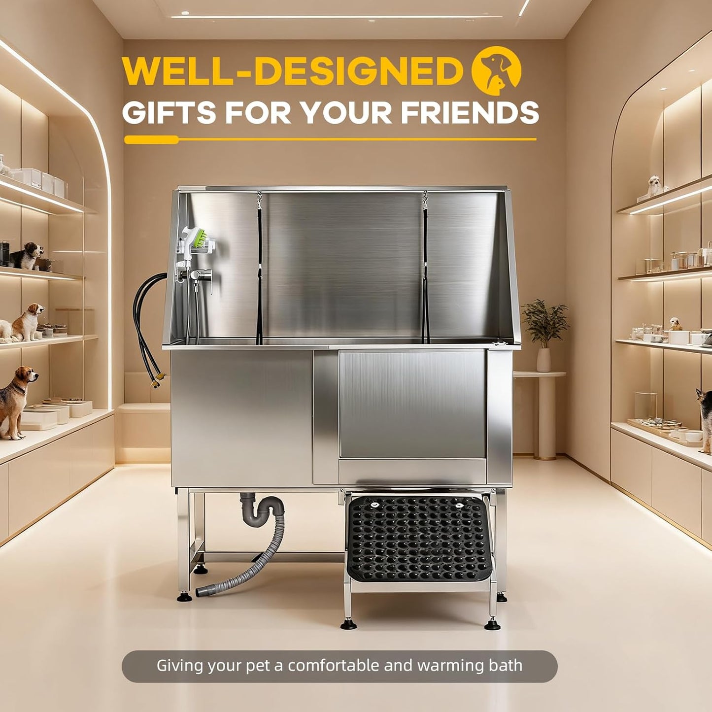 50" Dog Bathtub Professional 304 Stainless Steel – Right Door/Ramp, Faucet & Floor Grate, Pet Grooming Washing Station for Large/Medium/Small Pets