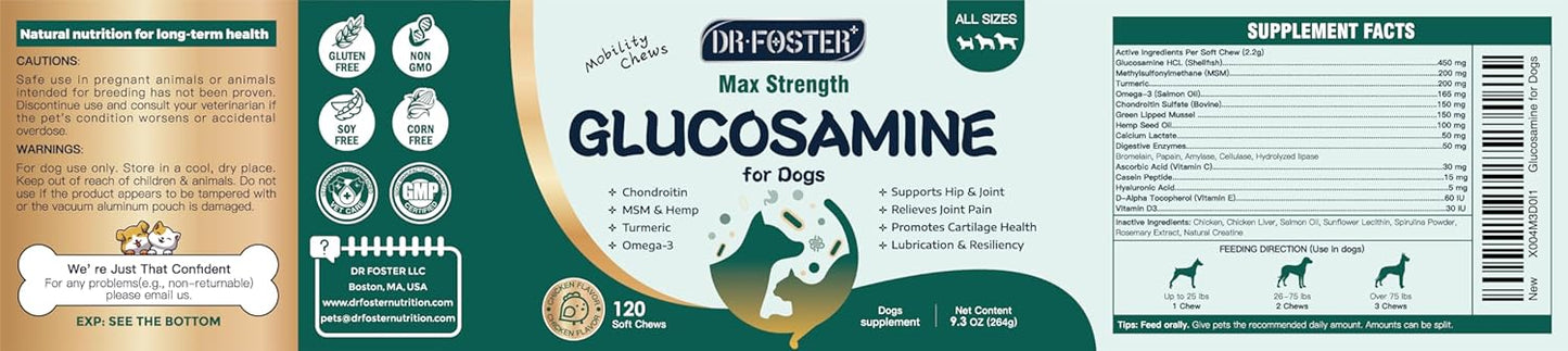 Glucosamine for Dogs, Hip and Joint Supplement for Dogs with Chondroitin, MSM, Turmeric, Omega-3 & Calcium, Dog Glucosamine Supports Pain Relief, Mobility & Comfort, Chicken Flavor, 120 Soft Chews