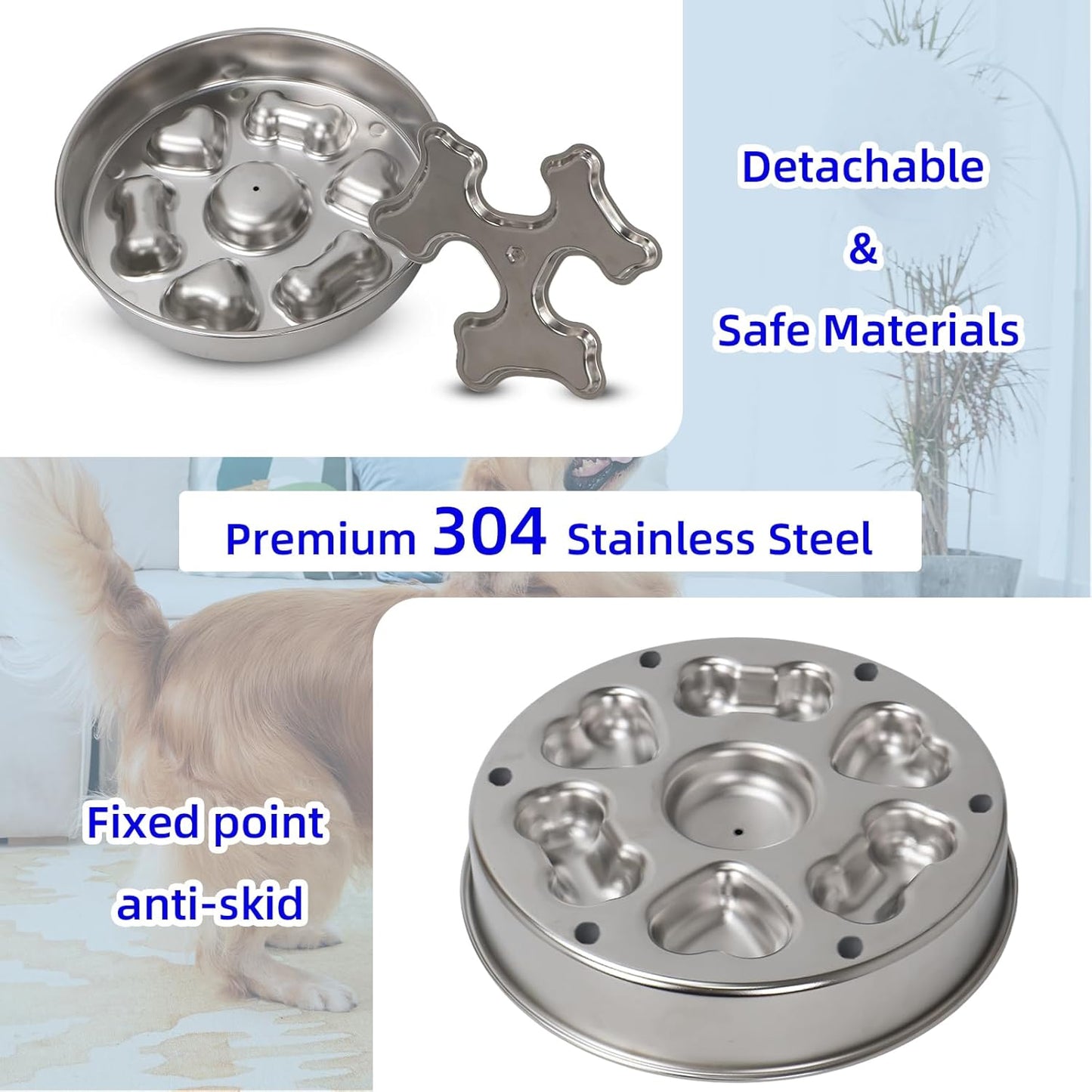 Slow Feeder Dog Bowl Stainless Steel - Double-Sided Rotating Design with Non-Slip Base, 3 Cups Capacity for Small, Medium & Large Dogs to Slow Down Eating & Prevent Bloat