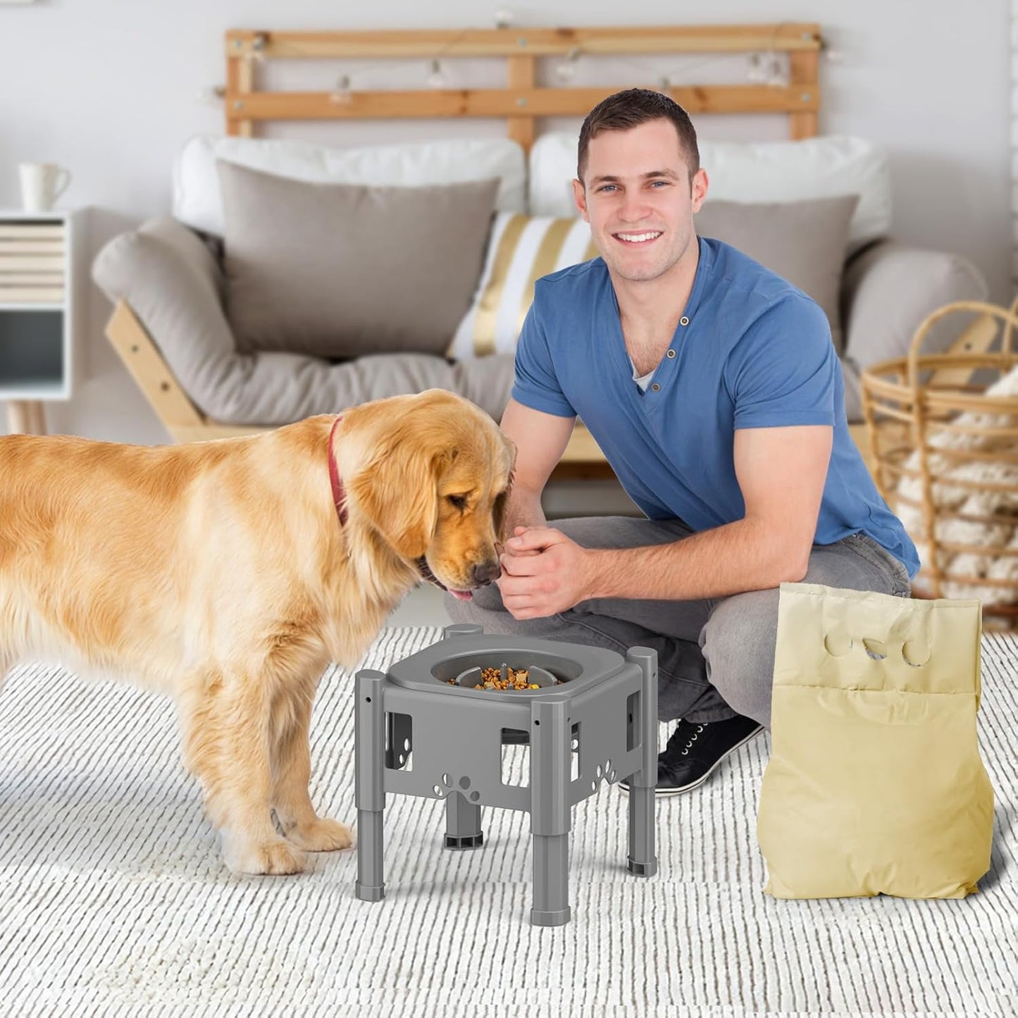 Lewondr Elevated Slow Feeder Bowls, Adjustable Dog Slow Feeder with 3 Heights (6.1", 7.7", 9.3") Non-Slip Stand for Medium Large Breed Dogs, Grey