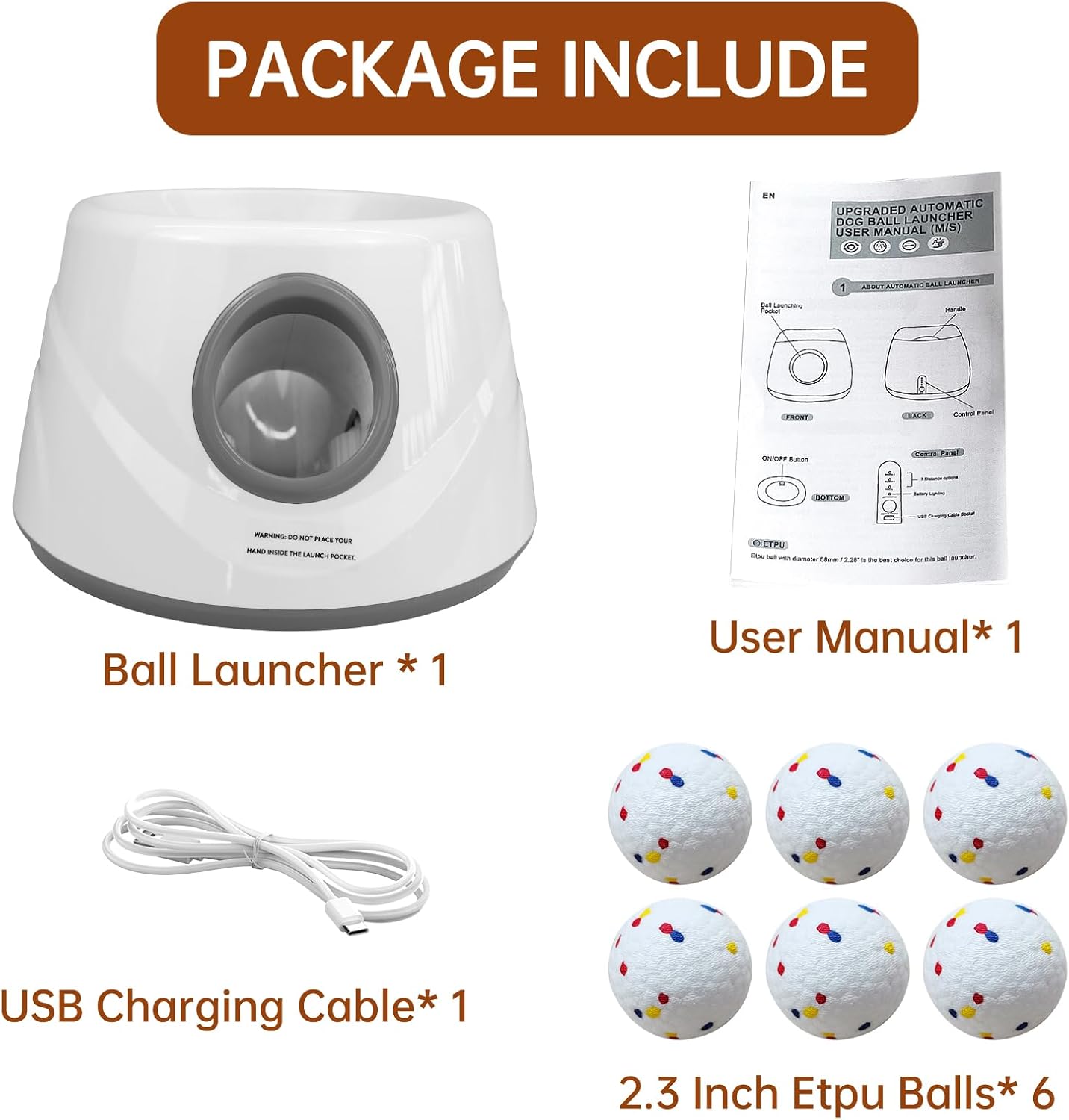 Automatic Ball Launcher for Dogs with 6 ETPU Balls, White, Adjustable Distance 20-45ft, USB Rechargeable, Interactive Pet Toy (Gary)