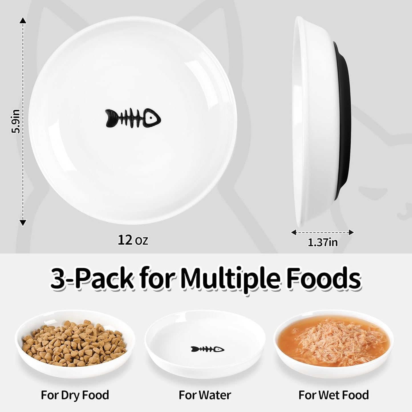 Cat Food Bowls, Whisker Friendly Ceramic Cats Bowls with Nonslip Silicone Base, Pack of 6 Quiet Dishes and Plates for Feeding Indoor Cats, Kittens and Small Dogs(Fishbone+Cat Paw,Shallower)