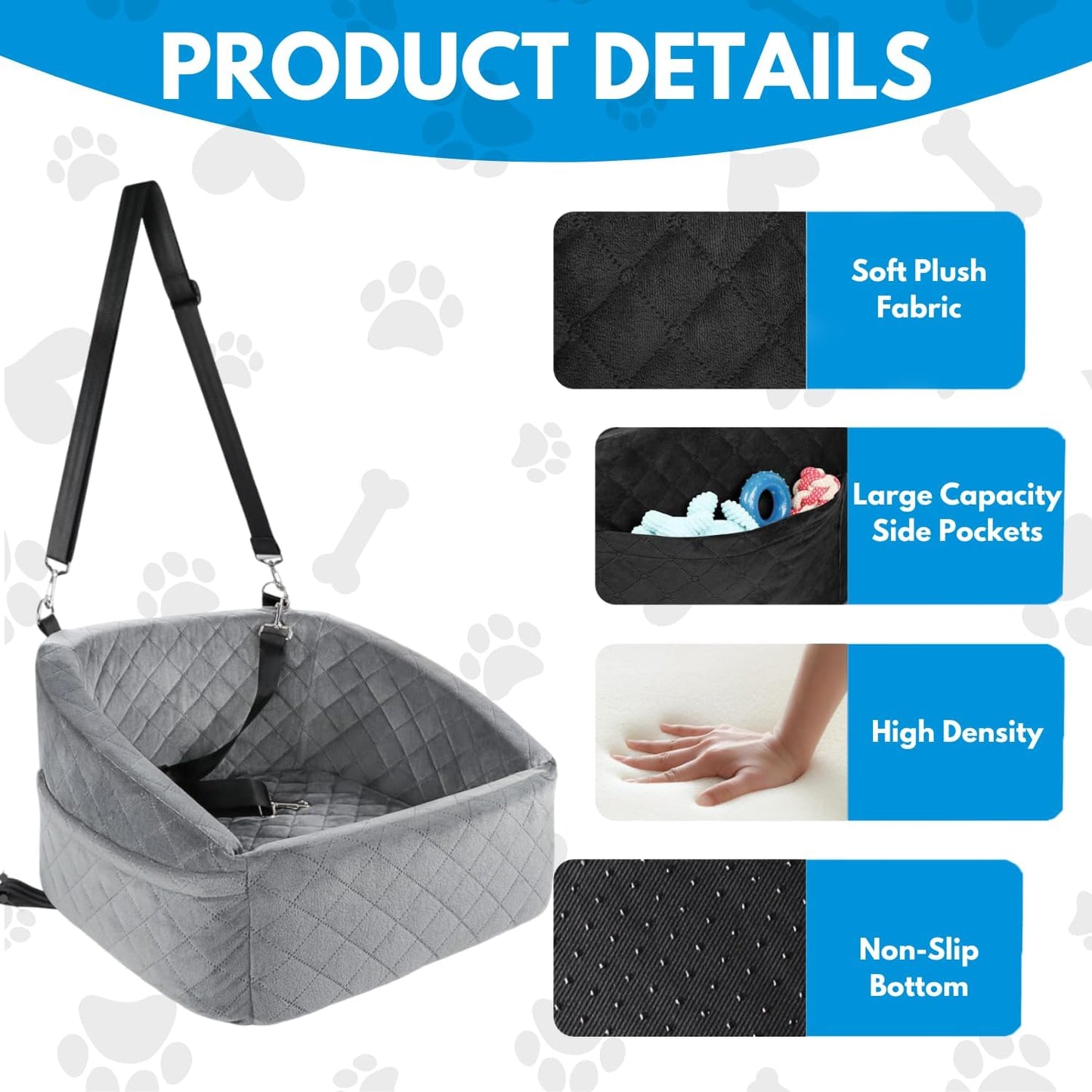 Dog Car Seat for Small Medium Sized Dogs & Cats – Booster Seat with Safety Belt, Non-Slip Bottom, Washable Bed, Storage Pockets – Pet Car Seat for Dogs/Puppy Cats Under 5-35 lbs (Grey)