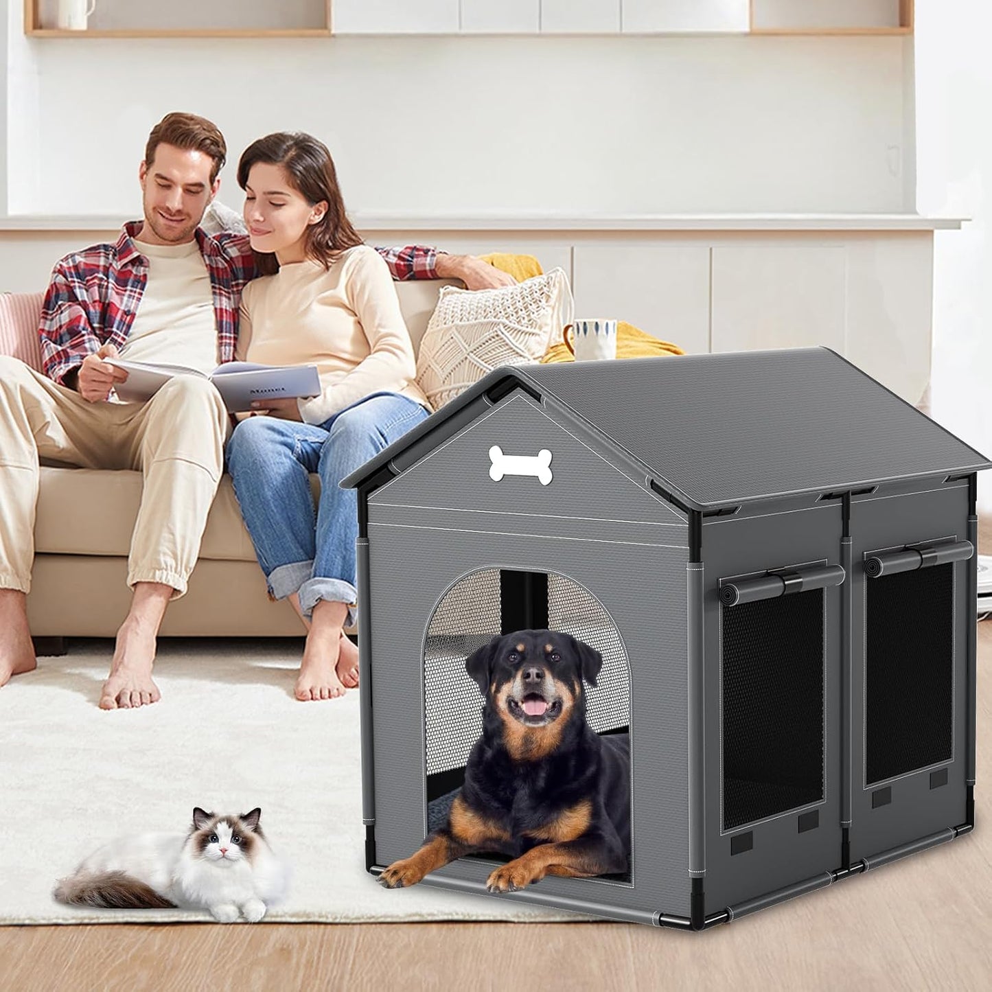 Extra Large Dog House Indoor with Plush Cushion, Dog Kennel for Inside with Sturdy Frame, Waterproof Pet House Suitable for Medium Large Dogs, 34x27x34in, Gray