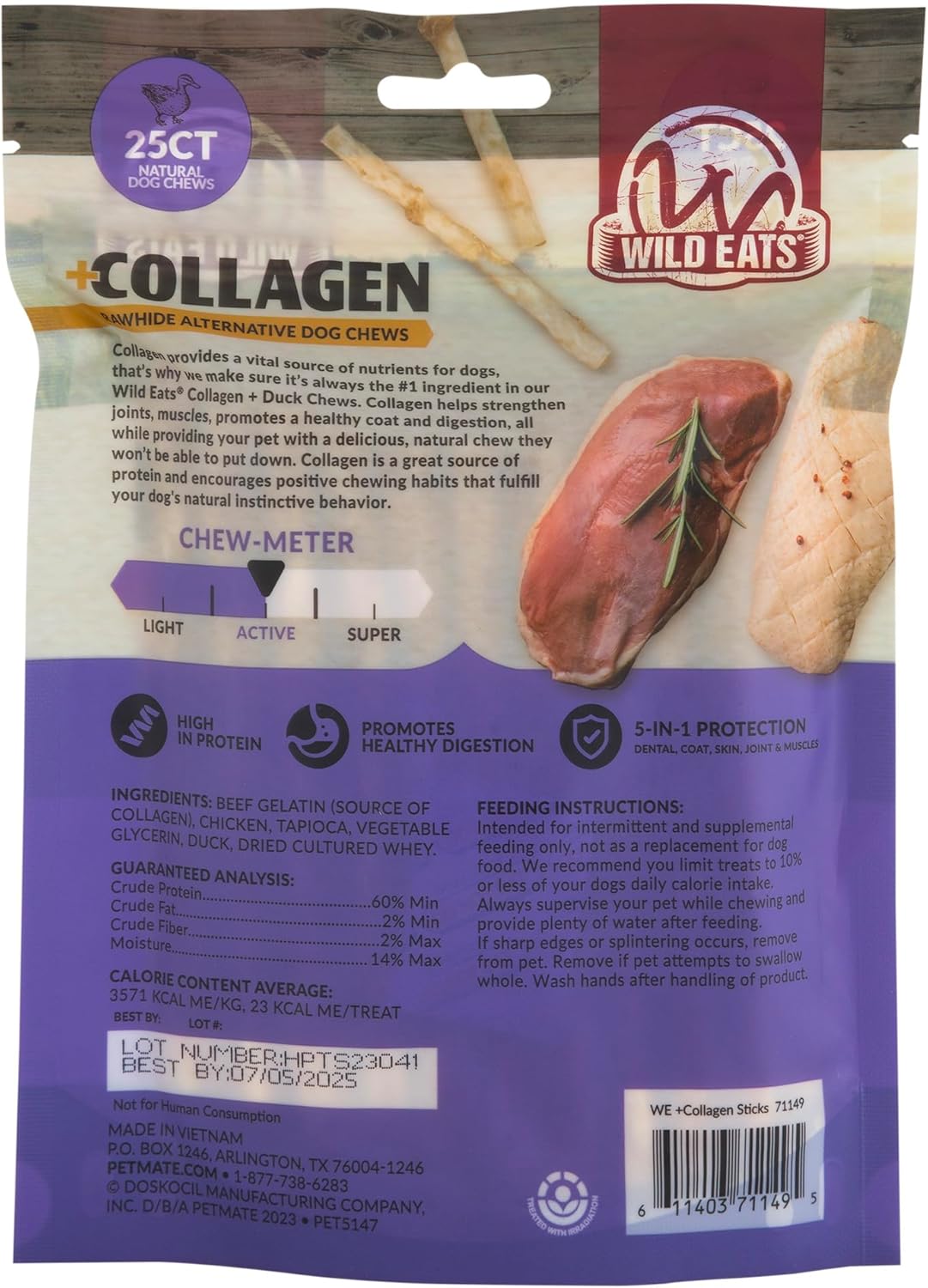 Wild Eats Real Duck Collagen Sticks for Dogs (25 Pack,5 Inch) Long Lasting Dog Chews No Hide Dog Treat Bully Stick Rawhide Free,Grain Free,High Protein