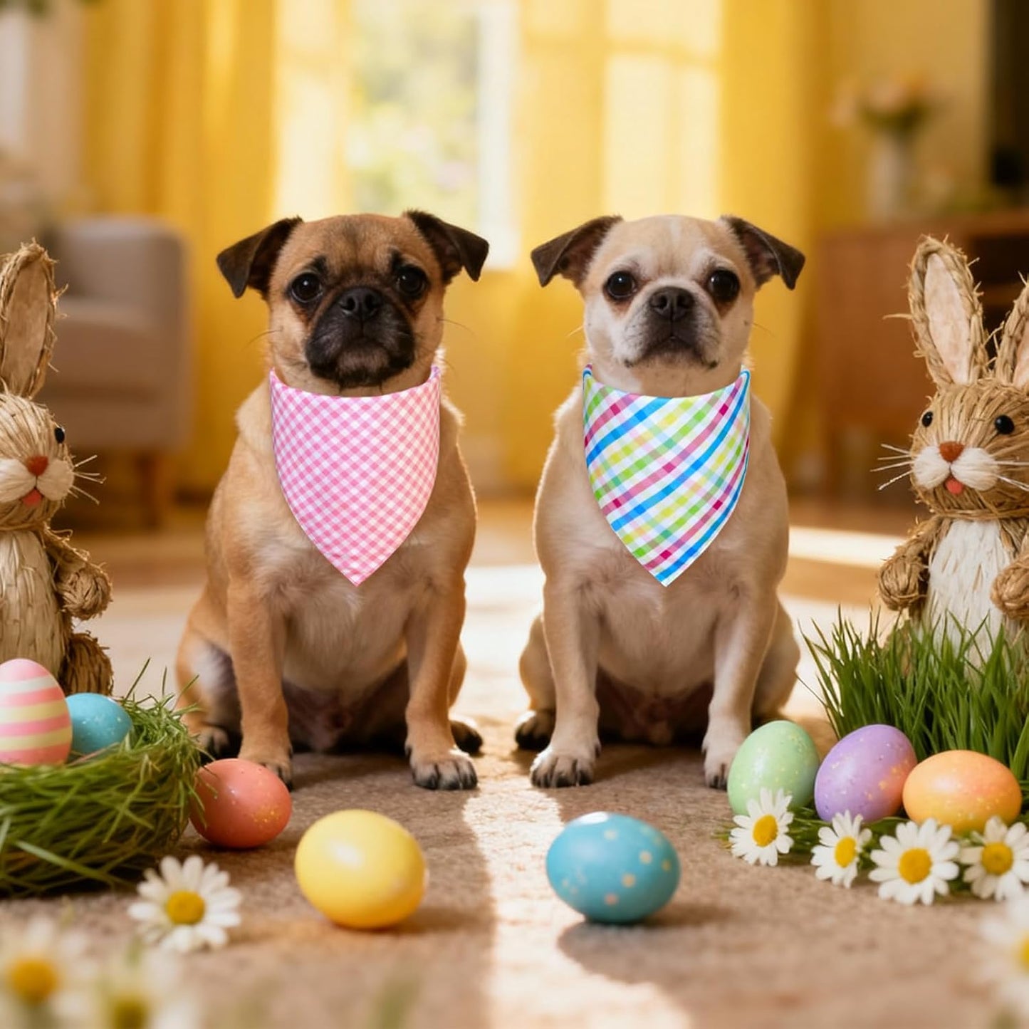 Easter Dog Bandanas 2 Pack - Reversible Bunny & Carrot Pastel Plaid Scarf for Large to X-Large Dogs, Pink & Blue Costume Accessories for Spring Gift