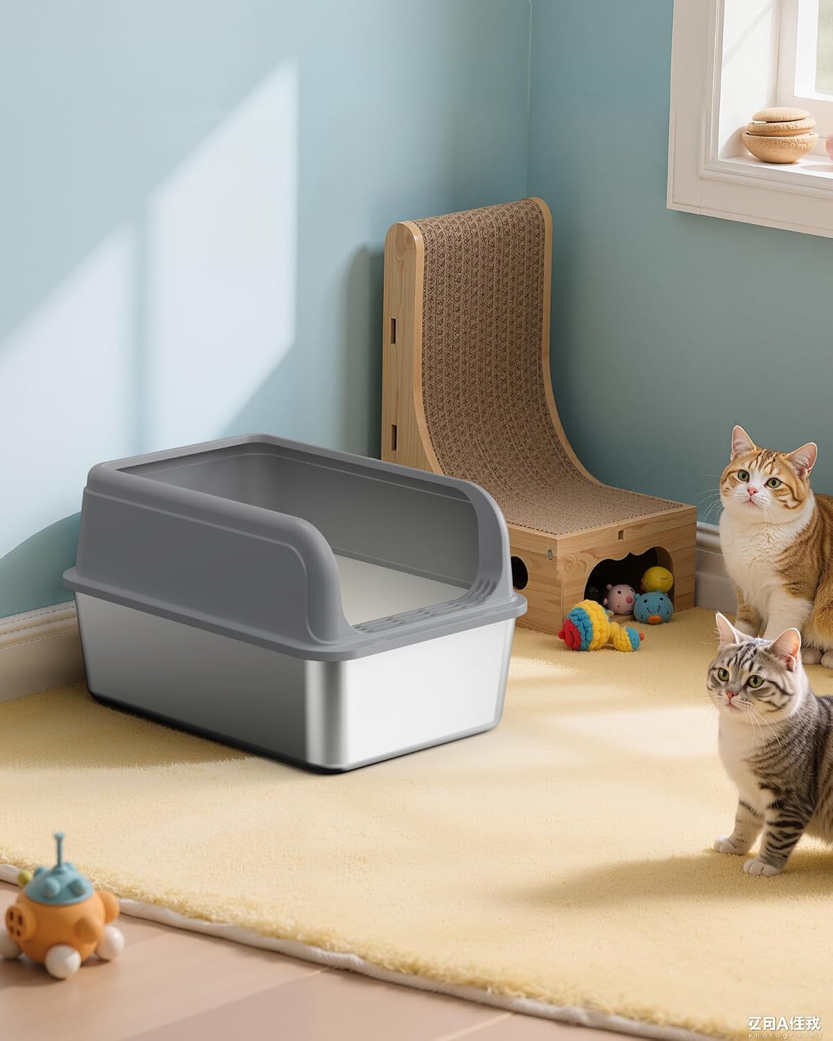 Stainless Steel Cat Litter Box, Metal Kitty Litter Box with Scoop, Anti-Leakage Top Entry, Non-Sticky, Easy to Clean, Grey, S (1 Pack)