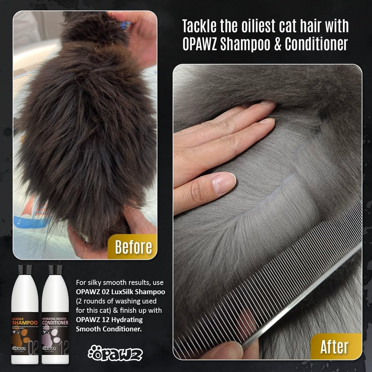 OPAWZ 02 LuxSilk Dog Shampoo, 2- in-1 Dog Shampoo and Conditioner, Reduces Shedding, Dematting, Deshedding, Removes Undercoat, for Long Haired, Silky Coat Dogs and Cats, 16.9 fl.oz/ 500ml