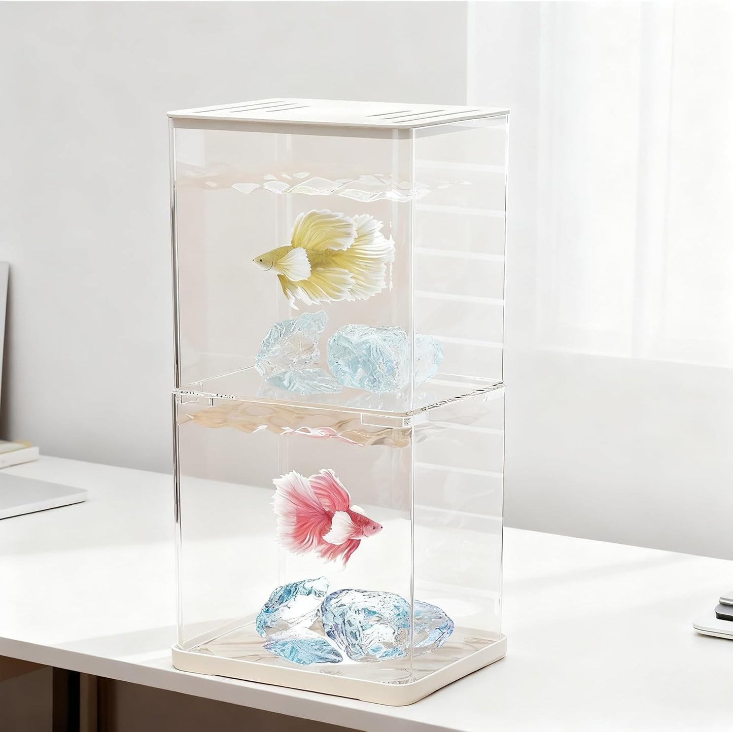 Small Betta Fish Tank, 2-Pack 0.3 Gallon Mini Aquarium with Adjustable Base Light & Gravels & Resin Crystal, Acrylic Fish Bowl for Desk Homes or Offices, Ideal for Beta Fish,Goldfish (White -2 Pack)