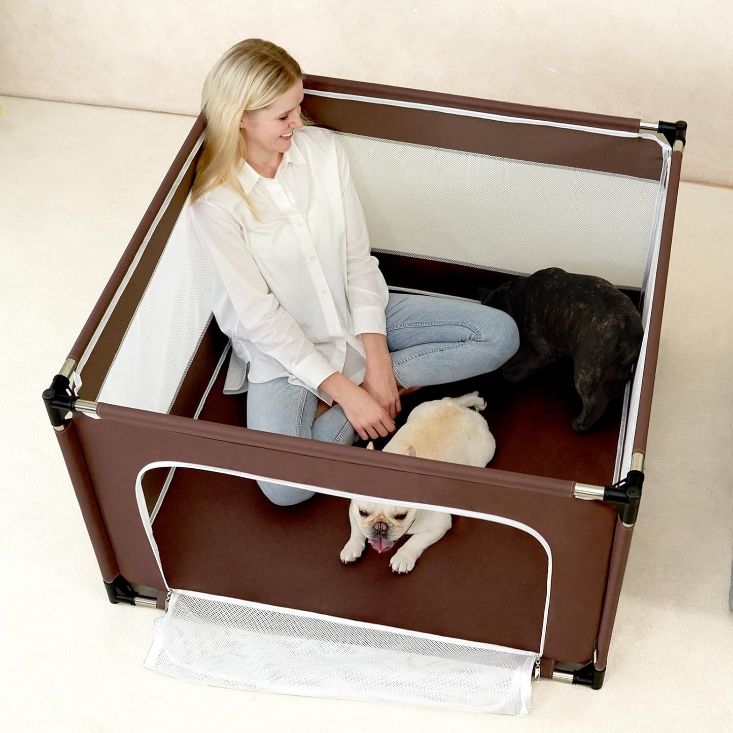 EHEYCIGA 42x42x26 Inches Puppy Playpen Without Top Cover for Dogs & Cats Indoor or Outdoor - Dog Playpen with Door, Dog Fence for Small Animal with Heavy-Duty Oxford & Steel Frame, Brown