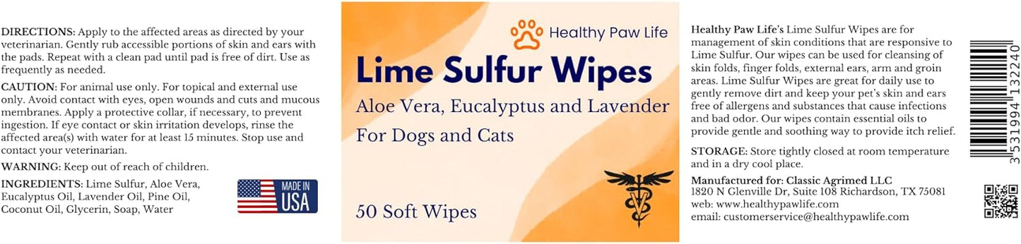 Healthy Paw Life Lime Sulfur Wipes - Relief for Itching, Scratching, and Redness - Infused with Lime Sulfur, Aloe & Essential Oils - Skin Care Solution for Pets (50ct, 2" Skin Soothe Wipes)