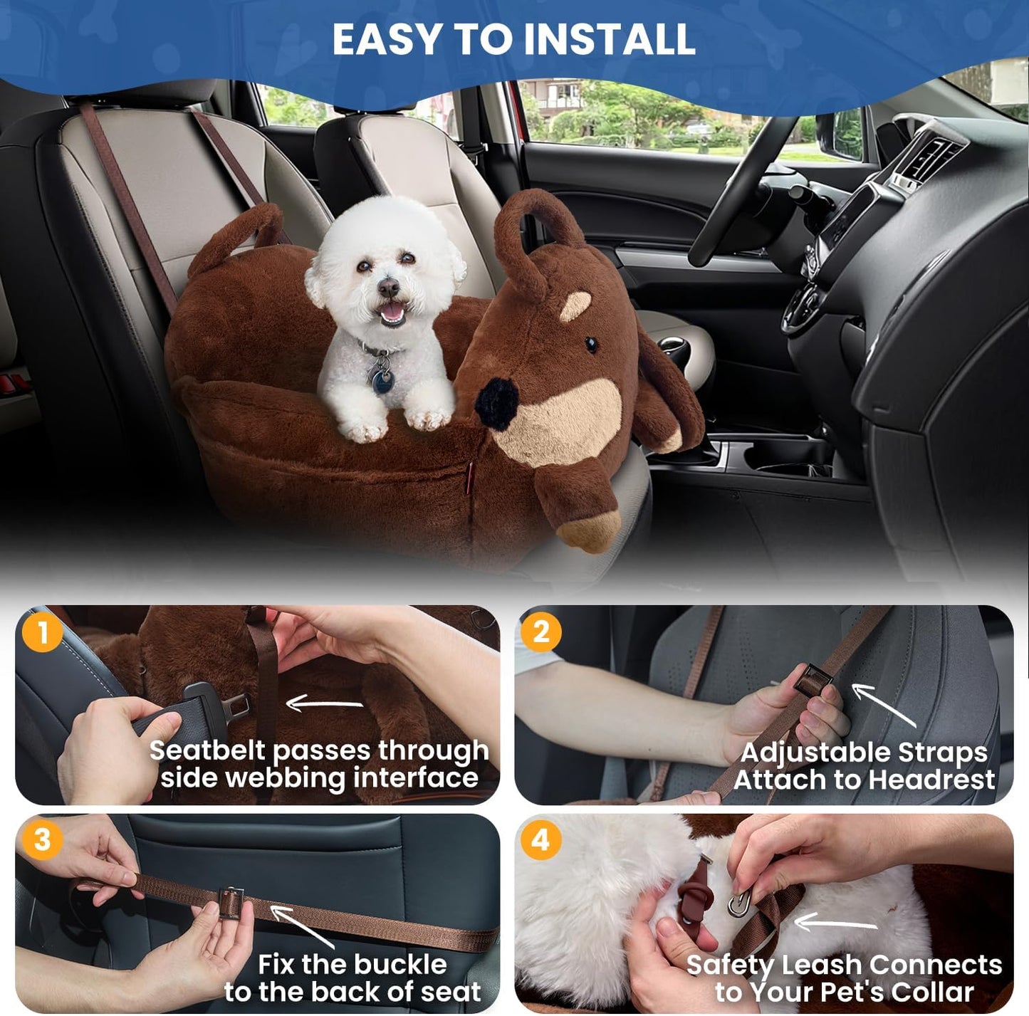 BurgeonNest Small Dog Car Seat, Cute Medium Dog Bed for Car Under 30 lbs, Washable Removable Cat Puppy Travel Booster Carseats with Clip-On Safety Leash, Fluffy Warm Pet Carrier Bag Home Bed, Brown