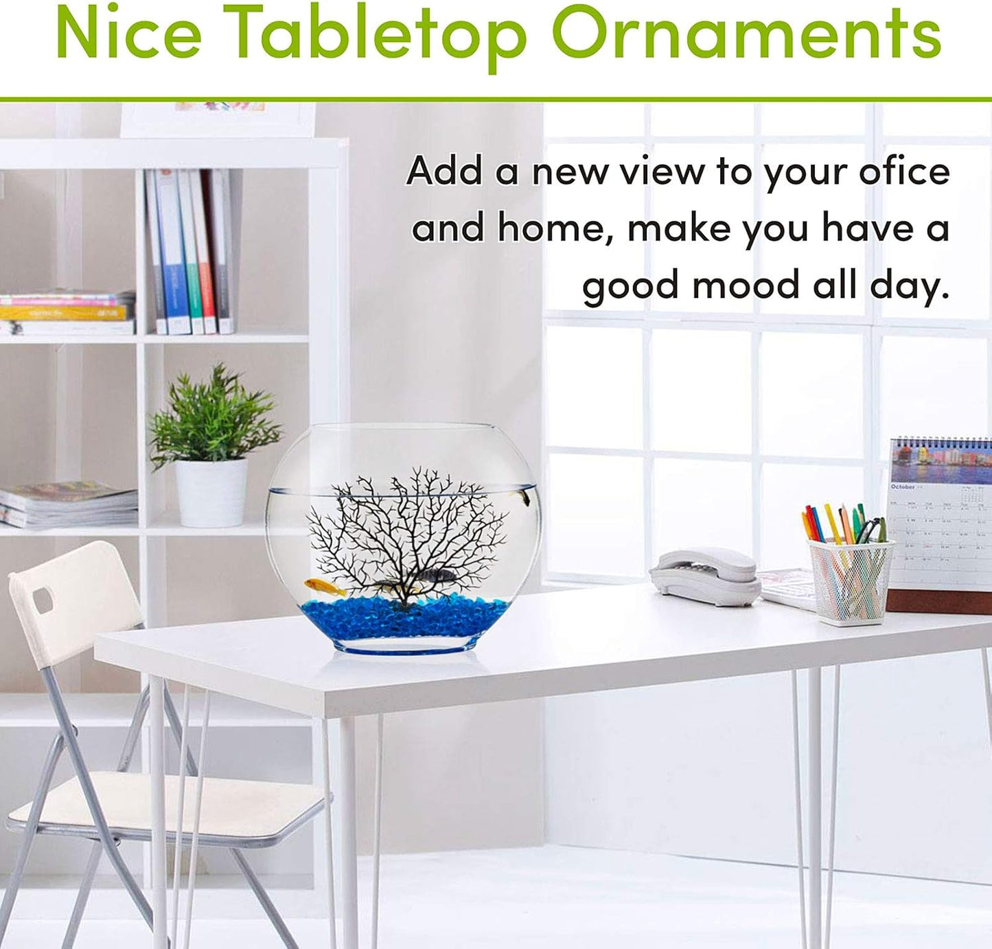 hygger Mini Glass Oblate Fish Bowl Kit, Small Fish Tank Comes with Blue Aquarium Decor Stones and Plastic Fan Branch Tree Ornament