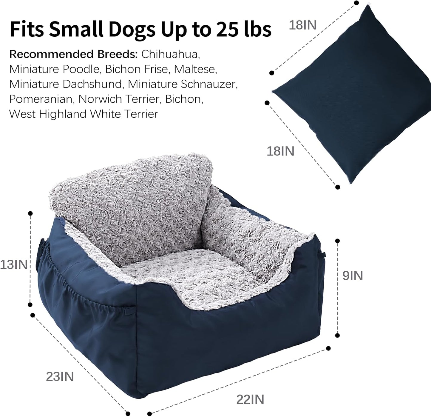 Dog Car Seat for Small Dogs, Washable Pet Booster Seats for Car with Clip-On Safety Leash, Reversible Puppy Carseat with Storage Pockets, Travel Carrier Bed for Dogs Under 25 lbs, Blue