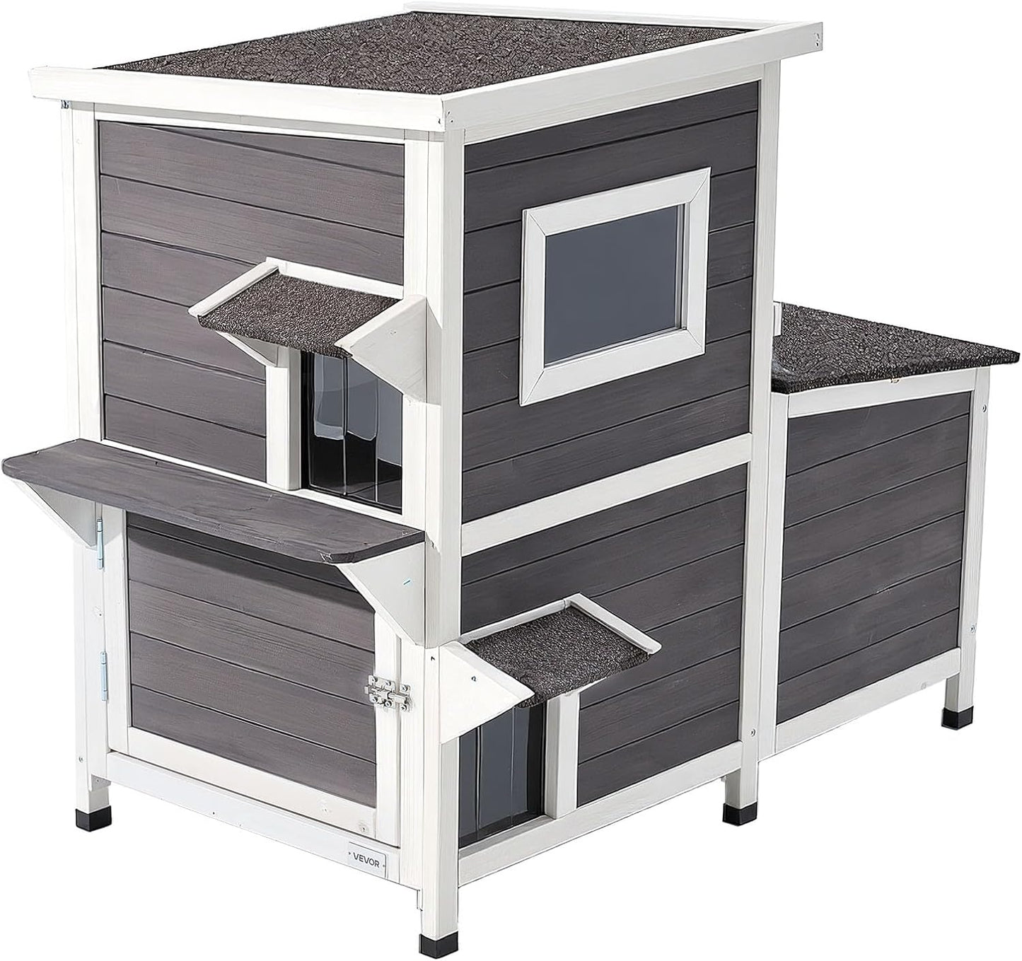 VEVOR Outdoor Cat House, 2-Story Wooden Cat Shelter for 3 Outside Cats in Winter, Elevated Feral Kitty Shelter with Stairs, Clear Window & Flap Doors, Waterproof Cats Condos for Garden 42 × 25 × 34 in